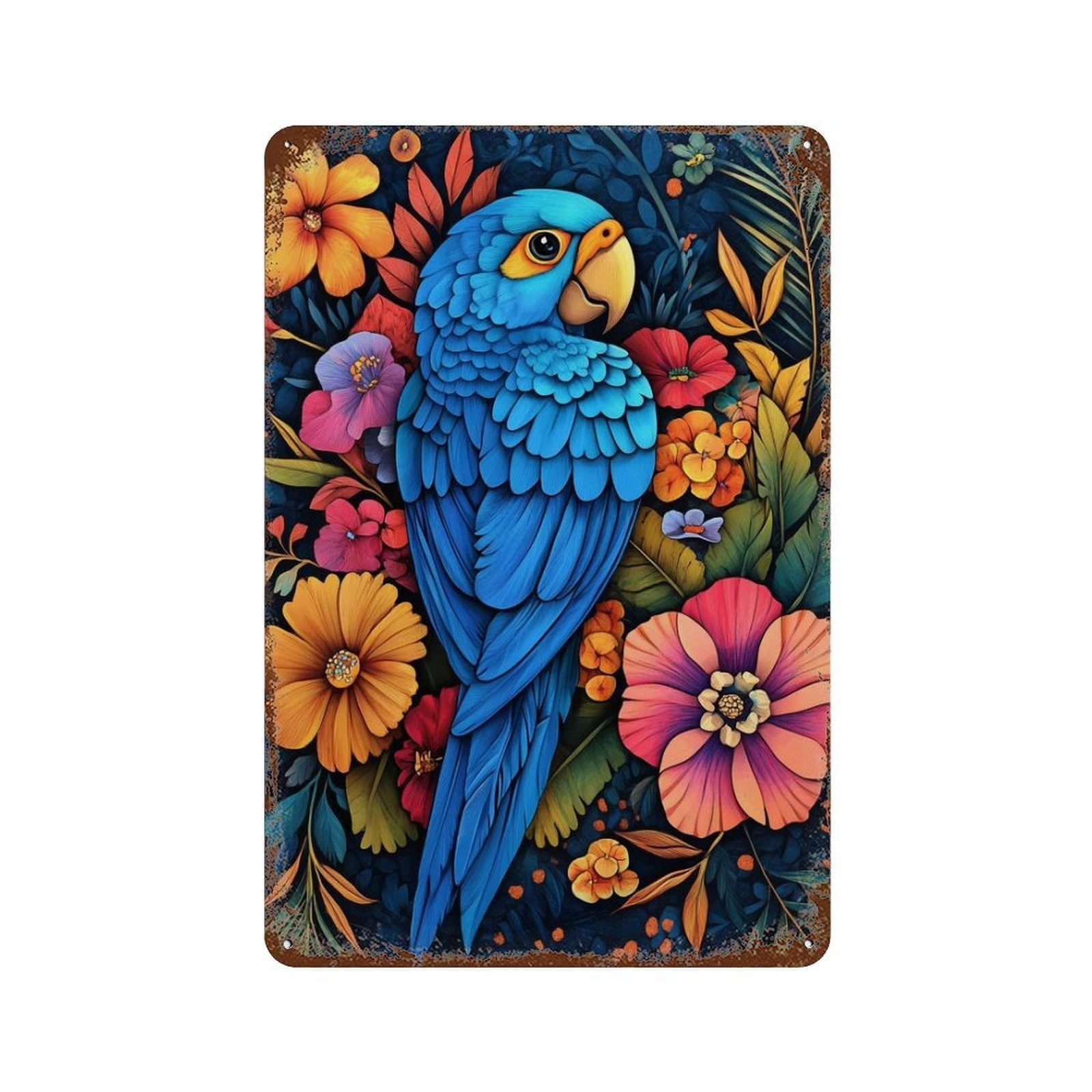 Rusty Metal Tin Sign Parrot in Tropical Flowers 11.8"x7.9", Vintage Wall Decor for Shed, Workshop And Garage Wall Decor