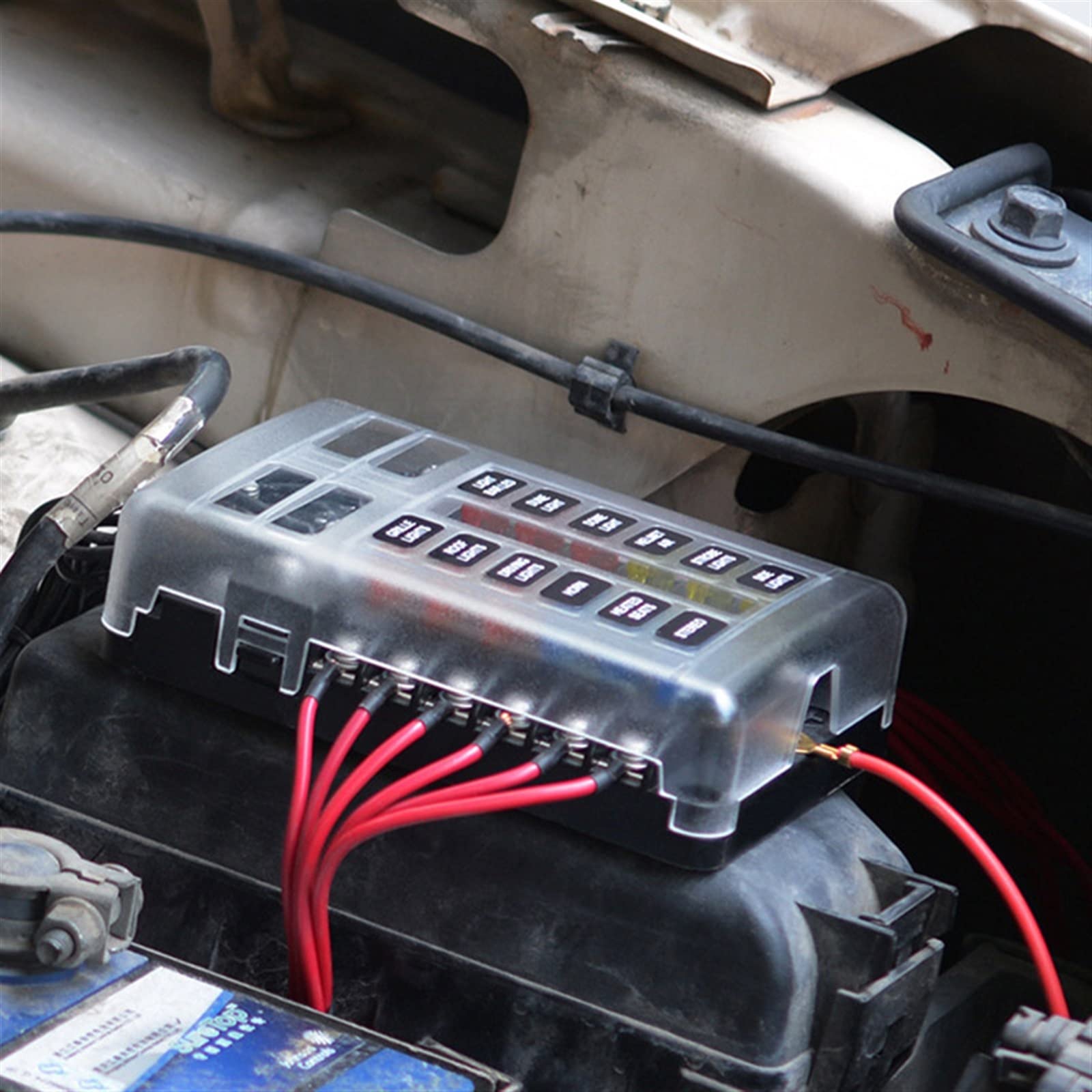 Caja de fusibles de cuchilla de 12V y 24V, caja de fusibles modificada de 12/6 vías, bloque de terminales con luz de advertencia LED for coche, barco, triciclo marino (Color : Army Green)