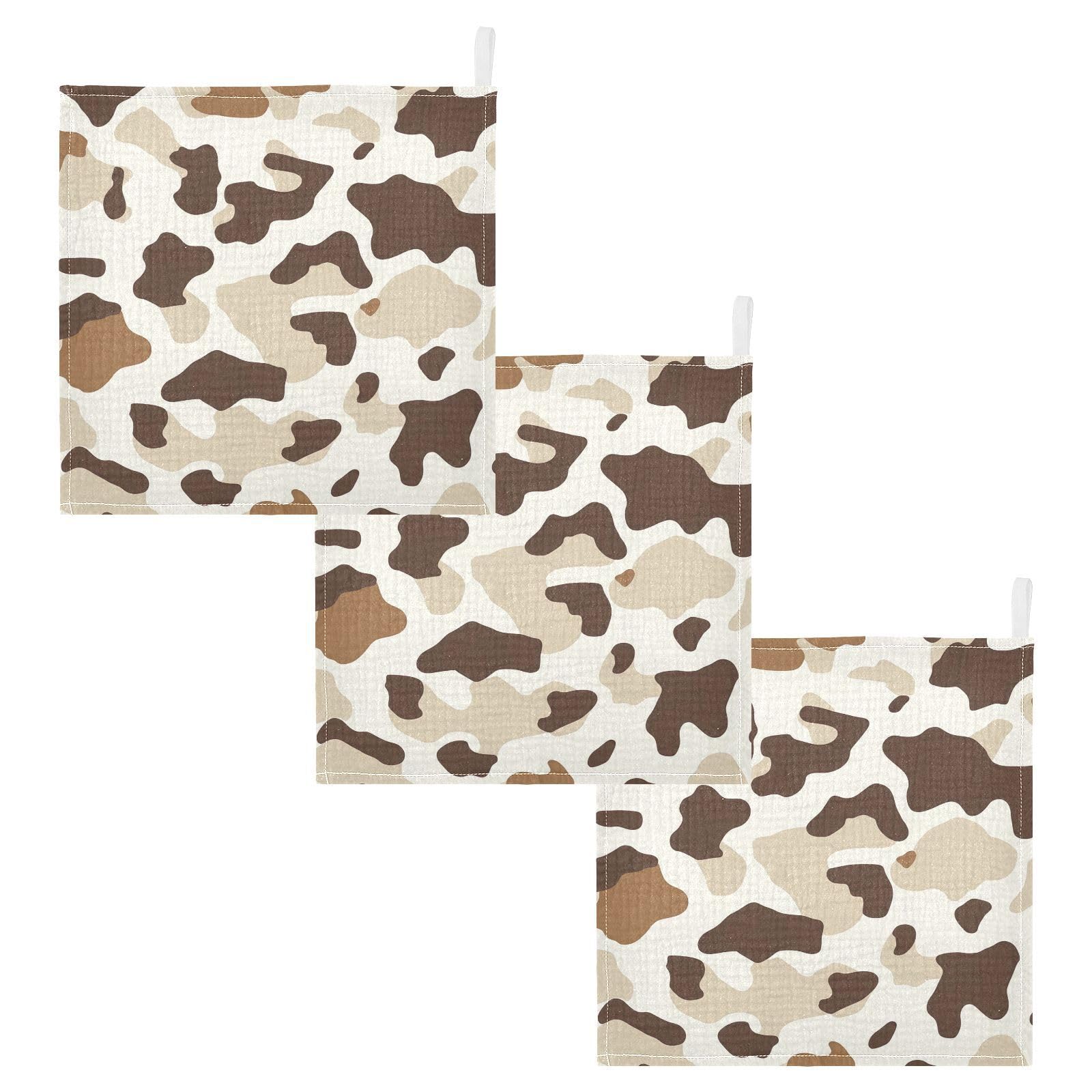 YETTASBIN Beige Brown Cow Print Muslin Baby Hand Washcloths Soft Cotton Bath Face Towel 4 Layers Extra Absorbent