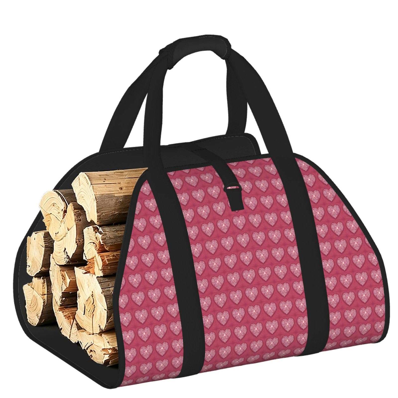 Ayyqwe Black Romantic Heart Print Firewood Bag Wood Waterproof Versatile Camping Picnic Storage Daily Home