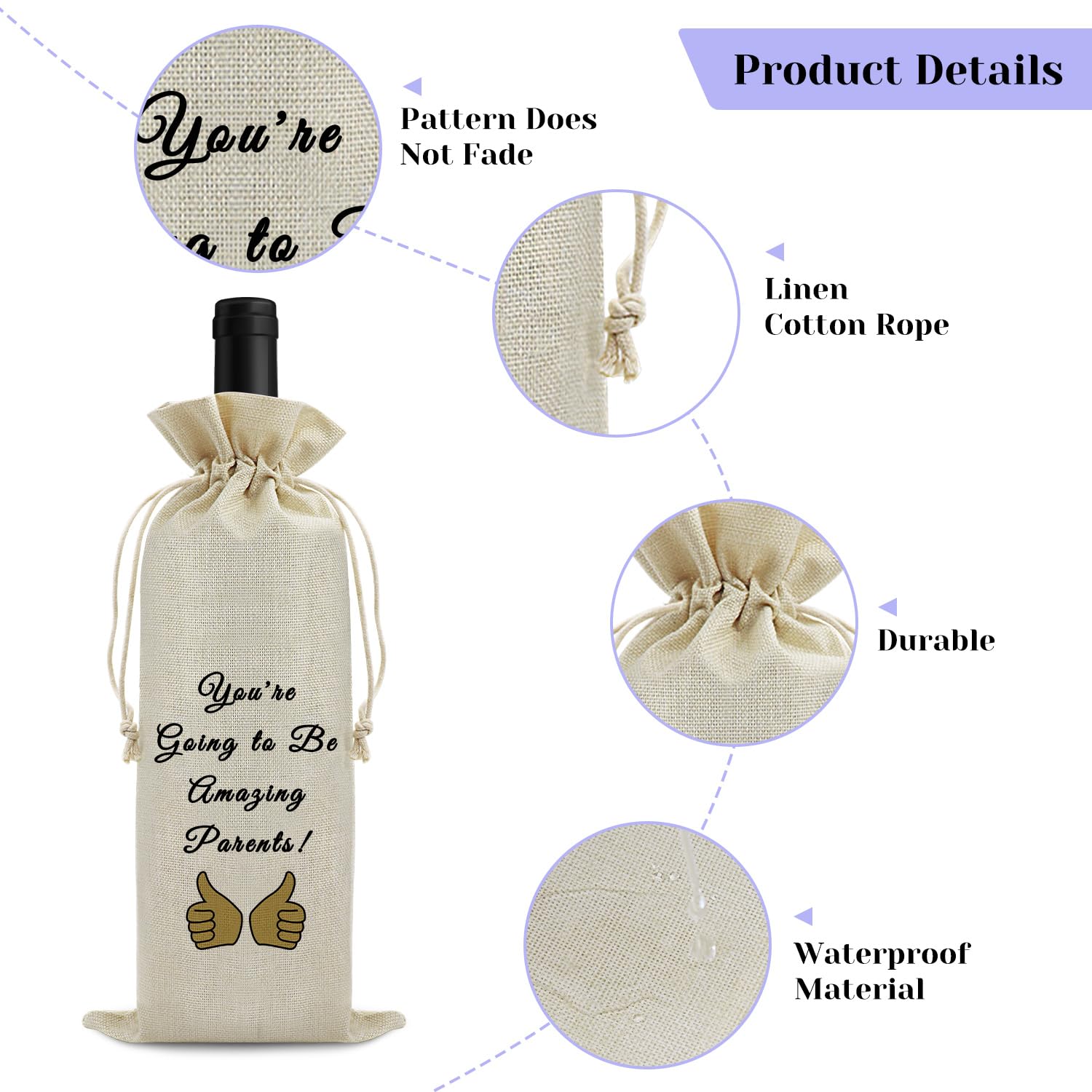 Vadaka Parents to Be Gifts Wine Bag Baby Shower Reusable Wine Bottle Bag New Mom Gift New Dad Gift New Parents Gift Wine Gift Bag Congratulation Pregnancy Gift for Friends Women Men Baby Reveal Gifts - Image 3