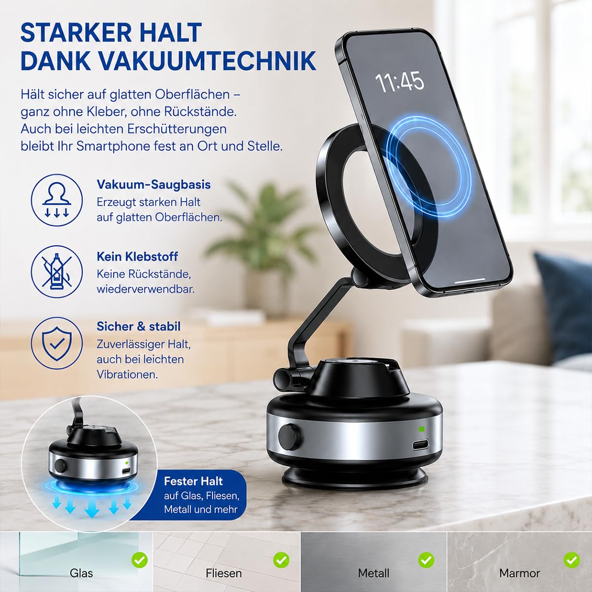 Snapmount Handy Halterung, 2026 Neu Snapmount Handy Halterung Elektrisch, Selbstansaugende Auto Handyhalterung, 360° Drehbar Und Platzsparend Faltbar, Universell, Anti - Rutsch (Schwarz+Silber)