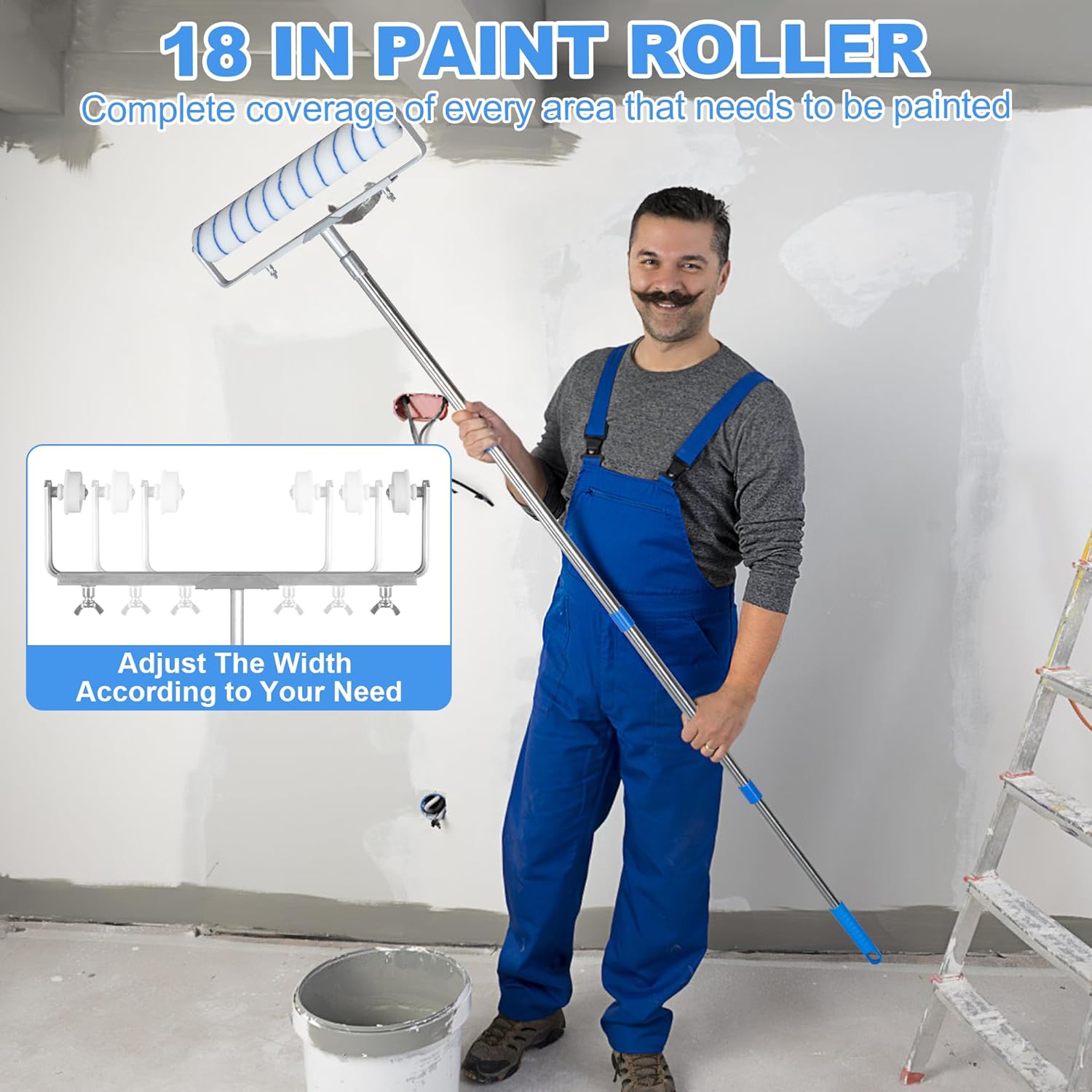 12 Pcs 18 Inch Paint Roller Kit, 12-18" Adjustable Roller Frame & Extendable Pole, Large Paint Roller Sleeves with Tray, Ceiling Paint Roller Set for Walls