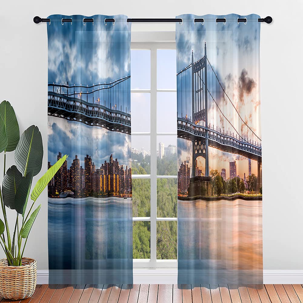 Hiseng Voile Curtains for Bedroom 2 Panels, Sheer Curtains Eyelets Net Translucent Window Screen Printed Tulle Door Drapes for Living Room Balcony Home Decorative (55x95cm,bridge)