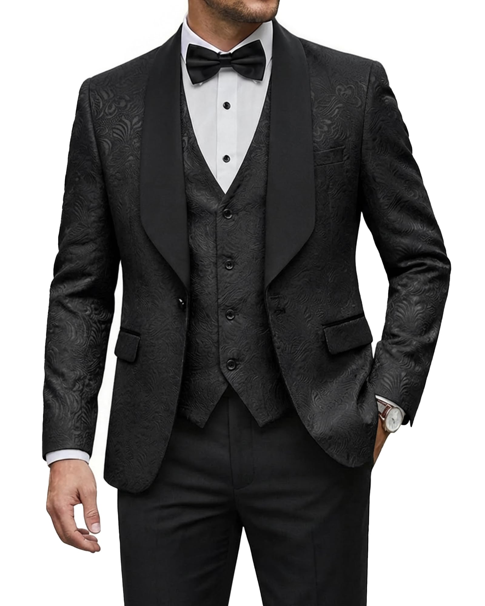 Men's 3 Piece Luxury Tuxedo Set, One Button Jacquard Slim Fit Shawl Lapel Jacket Vest & Pants, Premium Tuxedo for Men