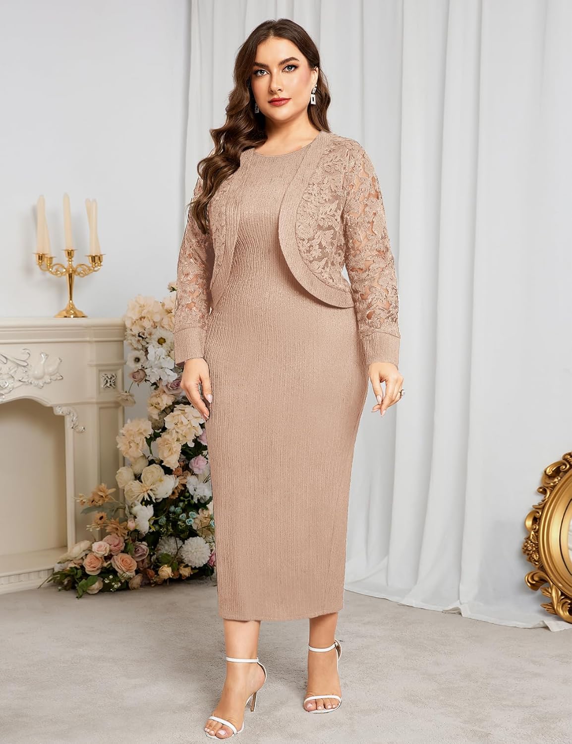 ZOMVA 1X-4X Plus Size Mother of The Bride Groom Dresses with Jacket Elegant Lace Maxi Dress 2 Piece Set Formal Wedding Guest - Image 5