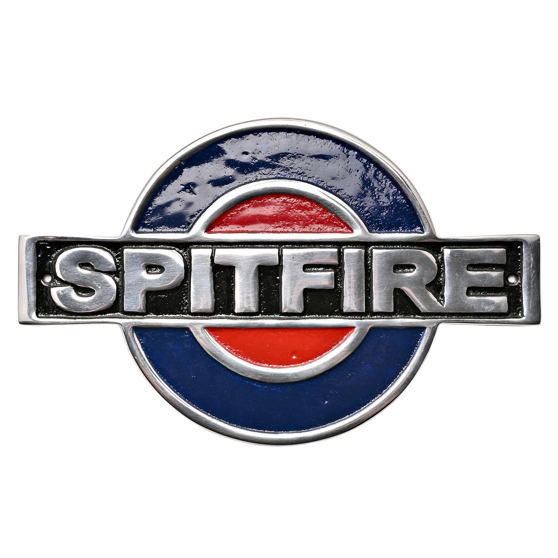 Spitfire Cast Aluminium Plaque, RAF Logo Design, Blue and Red Enamel, Metal Wall Decor