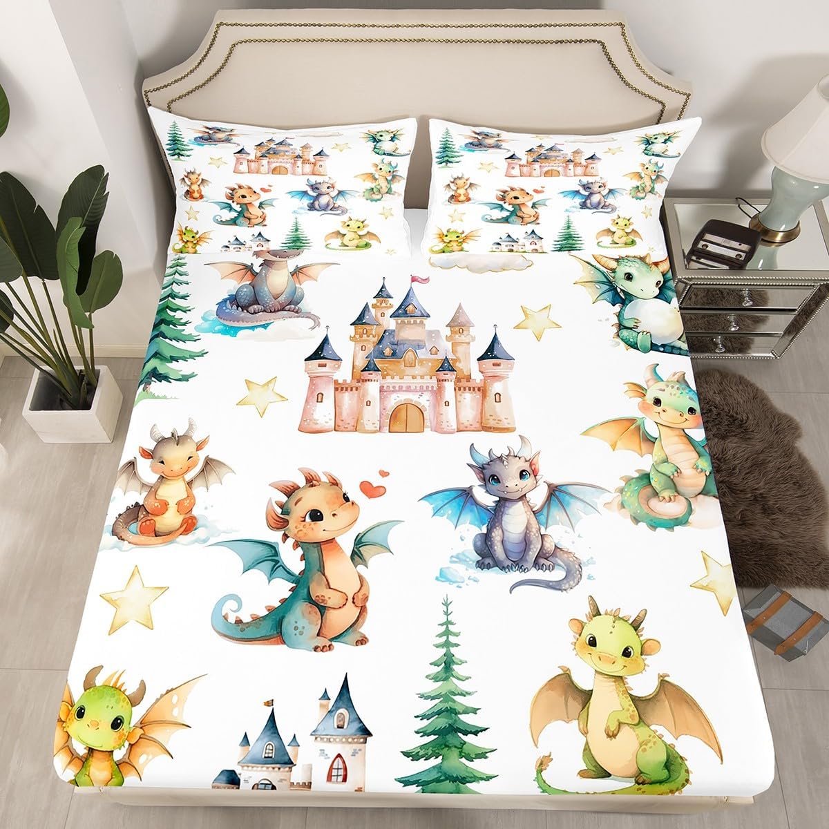 Kawaii Dragon Kids Fitted Sheet Full Size,Western Dragon Castle Princess Bedding Set,Boys Girls Room Decor,Cartoon Animal Wildlife Bed Cover,White Bed Sheet,2 Pillowcases