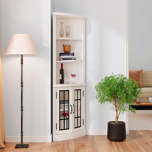 Miniatura 7 de AMERLIFE Armario de almacenamiento de esquina curva, estantería independiente de 65 pulgadas de alto con puertas de vidrio y estantes ajustables,