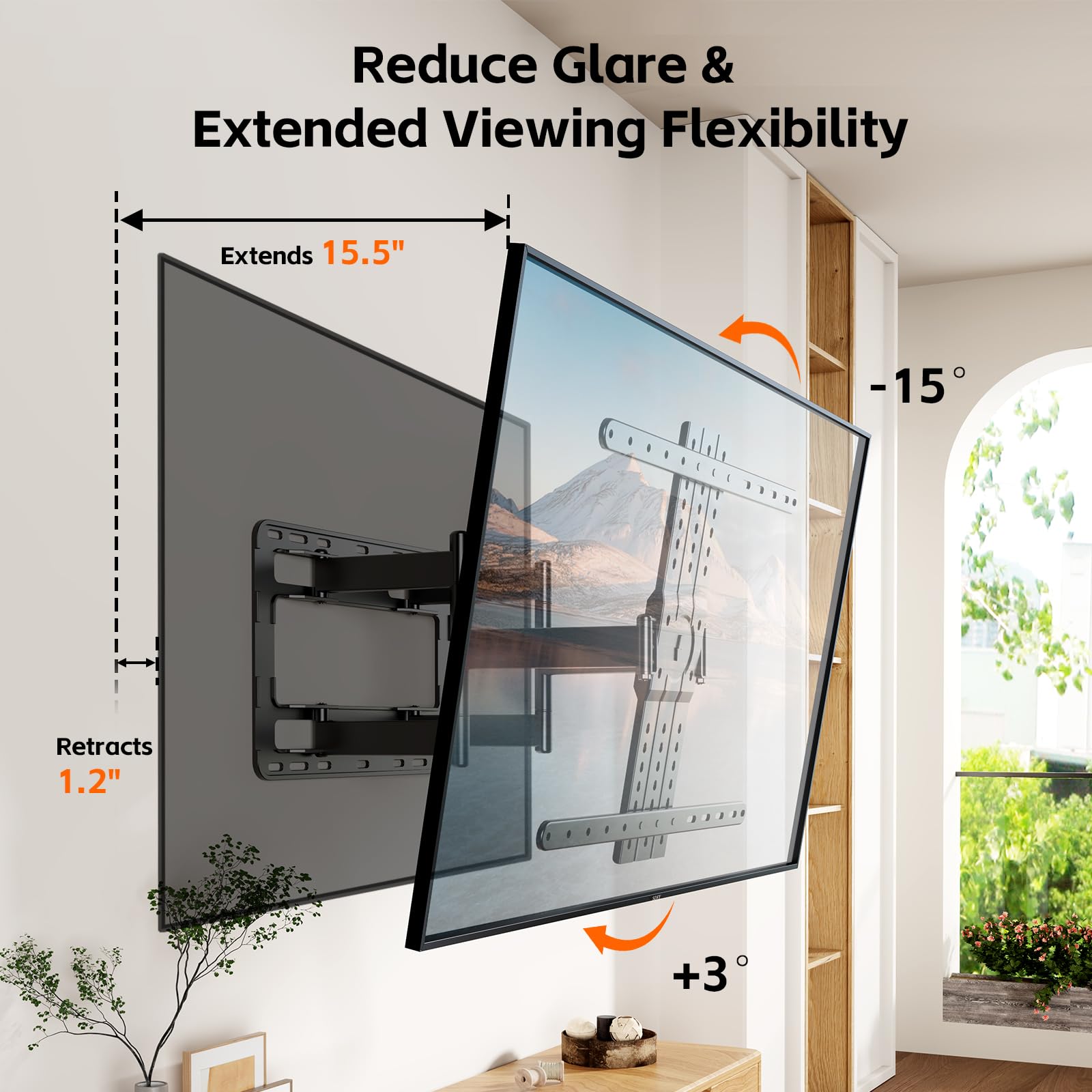 Supporto da parete ultra sottile per TV da 1,2" per televisori da 43-90 pollici, inclinazione +3/-15°, staffa sottile a basso profilo, doppio braccio articolato girevole con inclinazione, adatto a