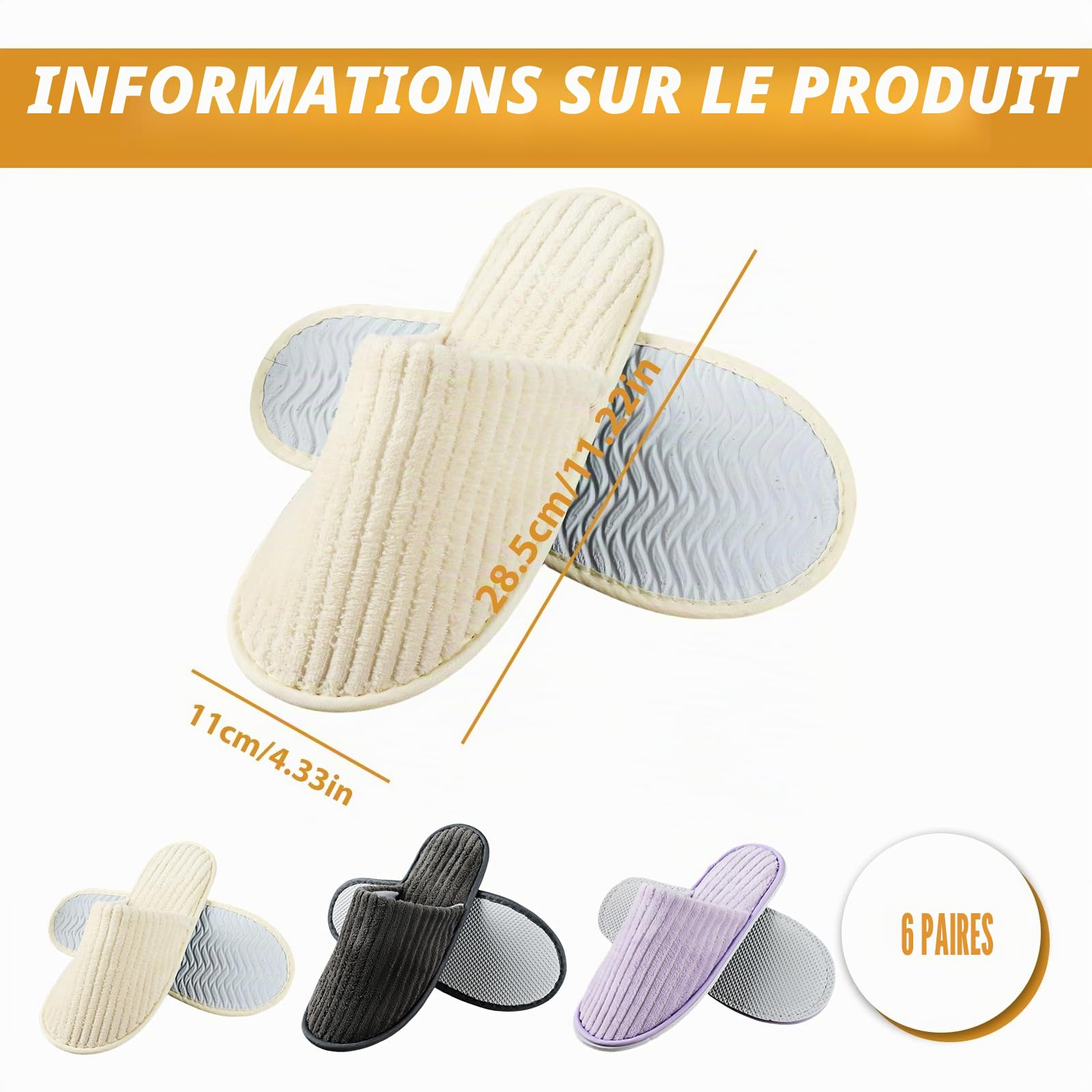 Lot de 6 paires de pantoufles d'hôtel en tissu éponge lavables, antidérapantes, polaire corail, taille universelle, 28,5 x 11 cm