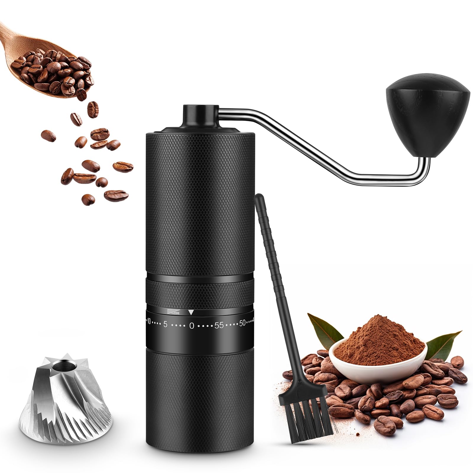 Manual Coffee Grinder with 60 Adjustable Settings, Stainless Steel Conical Burr Coffee Grinder for Espresso, Pour Over & French Press, Portable Hand Coffee Grinder for Travel, Camping & Home