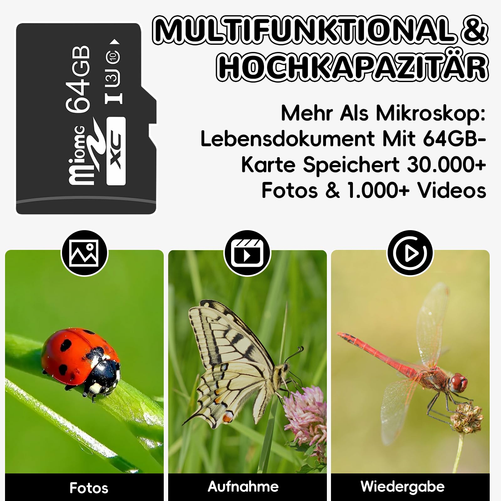 Charmofun Mikroskop für Kinder, Digitales Mikroskop mit 64GB Speicherkarte, Microscope for Kids mit 4 Zoll LCD-Display und 1600X Große Vergrößerung, Foto- und Videoaufnahme, Hand-und Stativfunktion