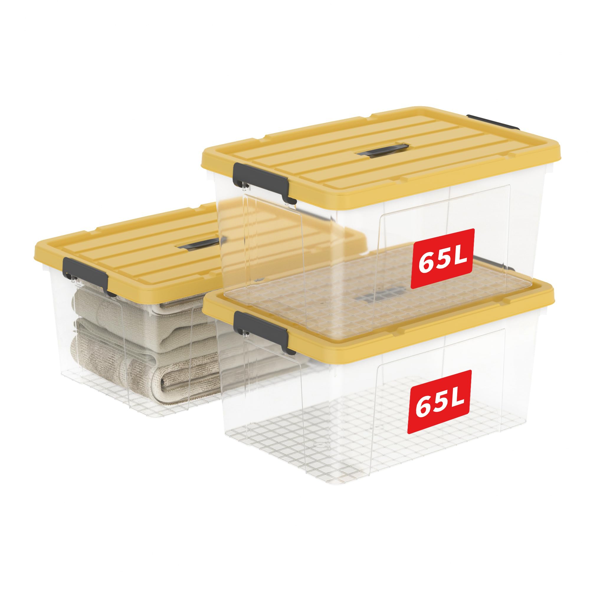 Cetomo 65L*3 Aufbewahrungsboxen, Tragbare Plastikboxen mit Deckeln, Organizer-Behälter mit Griff und Clips, Stapelbar, Ineinander Nestbar, für Zuhause und Büro, Transparent & Gelb, 65L-3er Pack