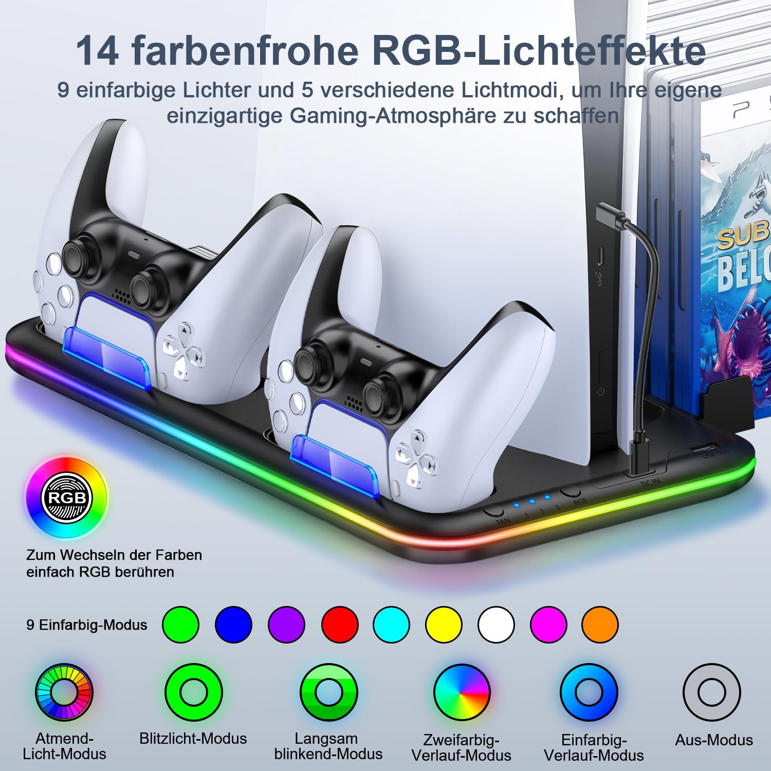 BEBONCOOL HOTS PS5 Stand Kühlstation für PS5/PS5 Slim/PS5 Pro,Vertikalständer mit Ultra-Lüfter und Buntem Licht, Headset-Halterung,PS5-Zubehör,Schwarz - 4