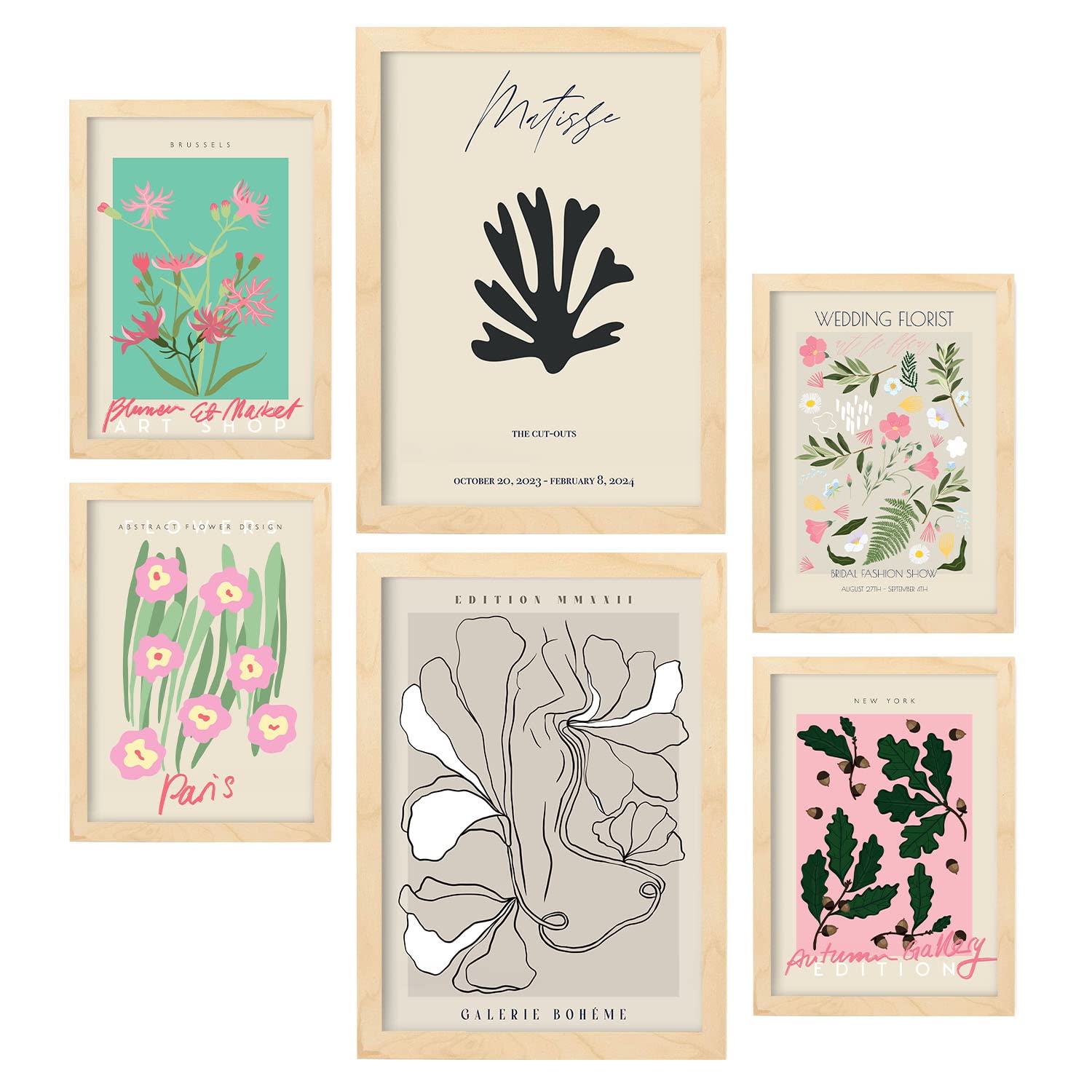 Nacnic Set of 6 posters Art gallery. Collection of posters in collage aesthetic for interior decoration. Sizes A3 and A4. Light wood frames.