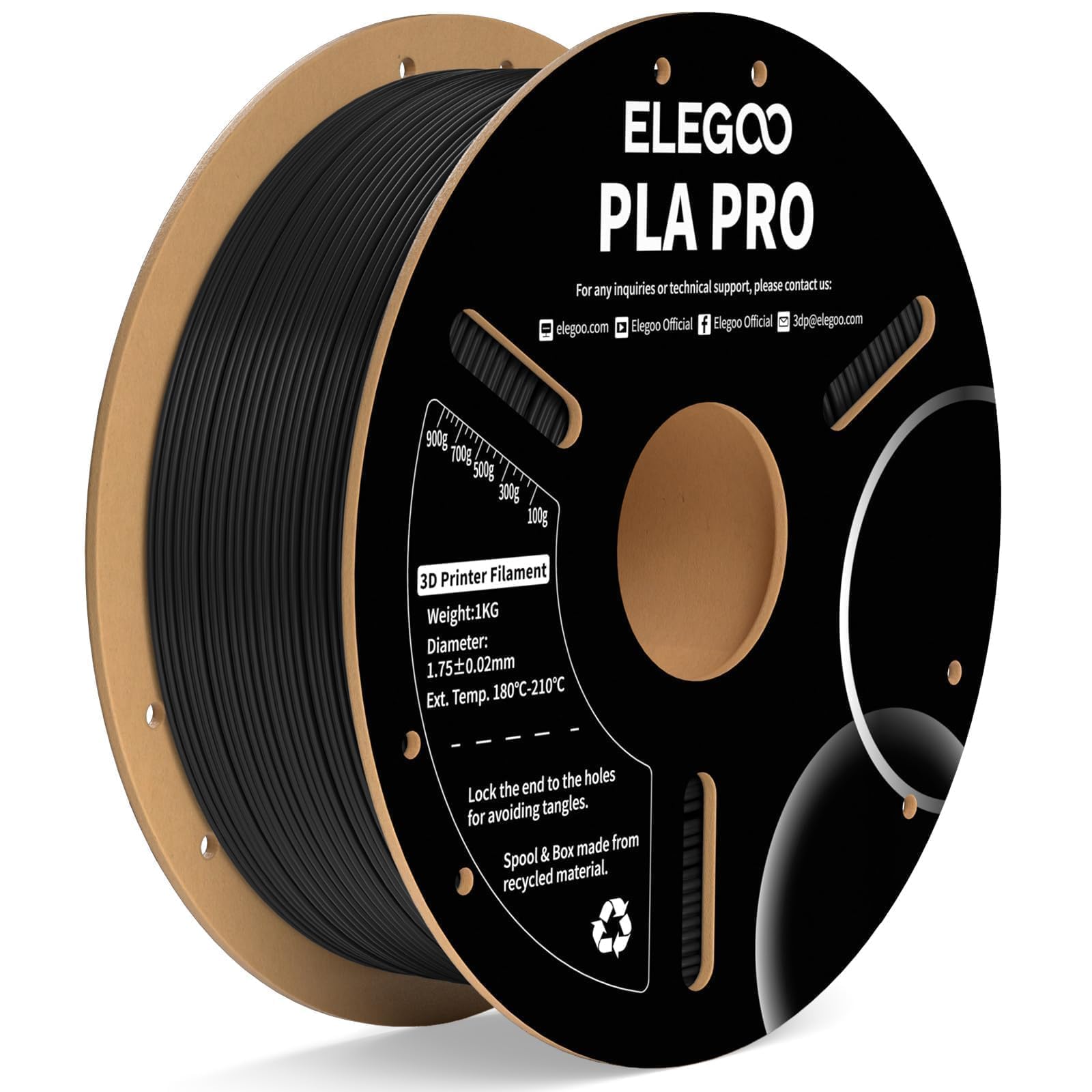 ELEGOO PLA PRO Filament 1.75mm Black 1KG, 30-250mm/s Printing Speed Improved Rigidity 3D Printer Filament Dimensional Accuracy +/- 0.02mm, 1kg Spool (