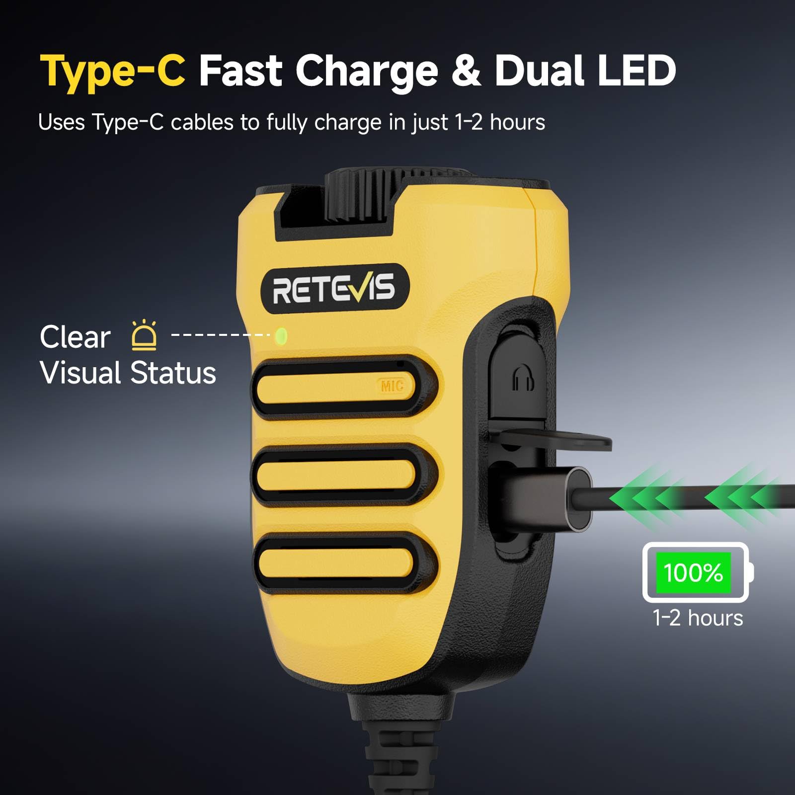 Retevis RB648 - Microfono radio a mano, cancellazione intelligente del rumore, stabile IP67, impermeabile, 1200 mAh, connettore per auricolari USB-C da 3,5 mm, volume regolabile per uso in cantiere (2