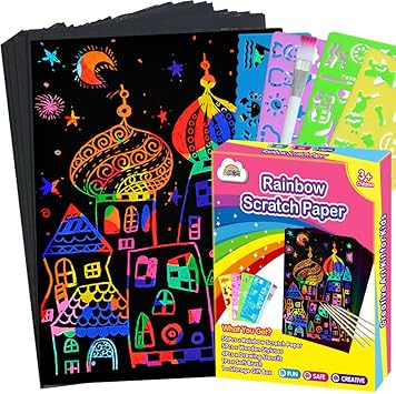 ZMLM Scratch Art Crafts Girls Gifts, 60 Rainbow Scratch Paper Art Gifts for 3 4 5 6 7 8 9 10 Years Old Girls and Boys Kids, Arts and Crafts for Kids 4-6 Birthday Toys and Games Activities Gift (Pink)