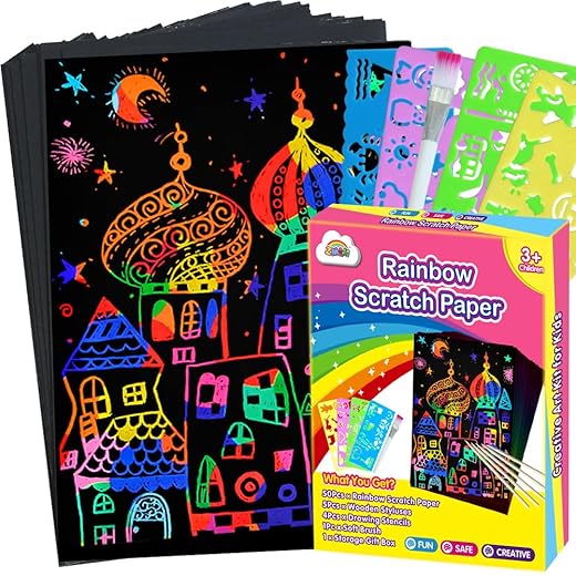 ZMLM Scratch Paper Art Set, Rainbow Magic Scratch Paper for Kids Black Scratch it Off Art Crafts Kits Notes Boards Sheet with 5 Wooden Stylus for Girl Boy Easter Party Game Christmas Birthday Gift