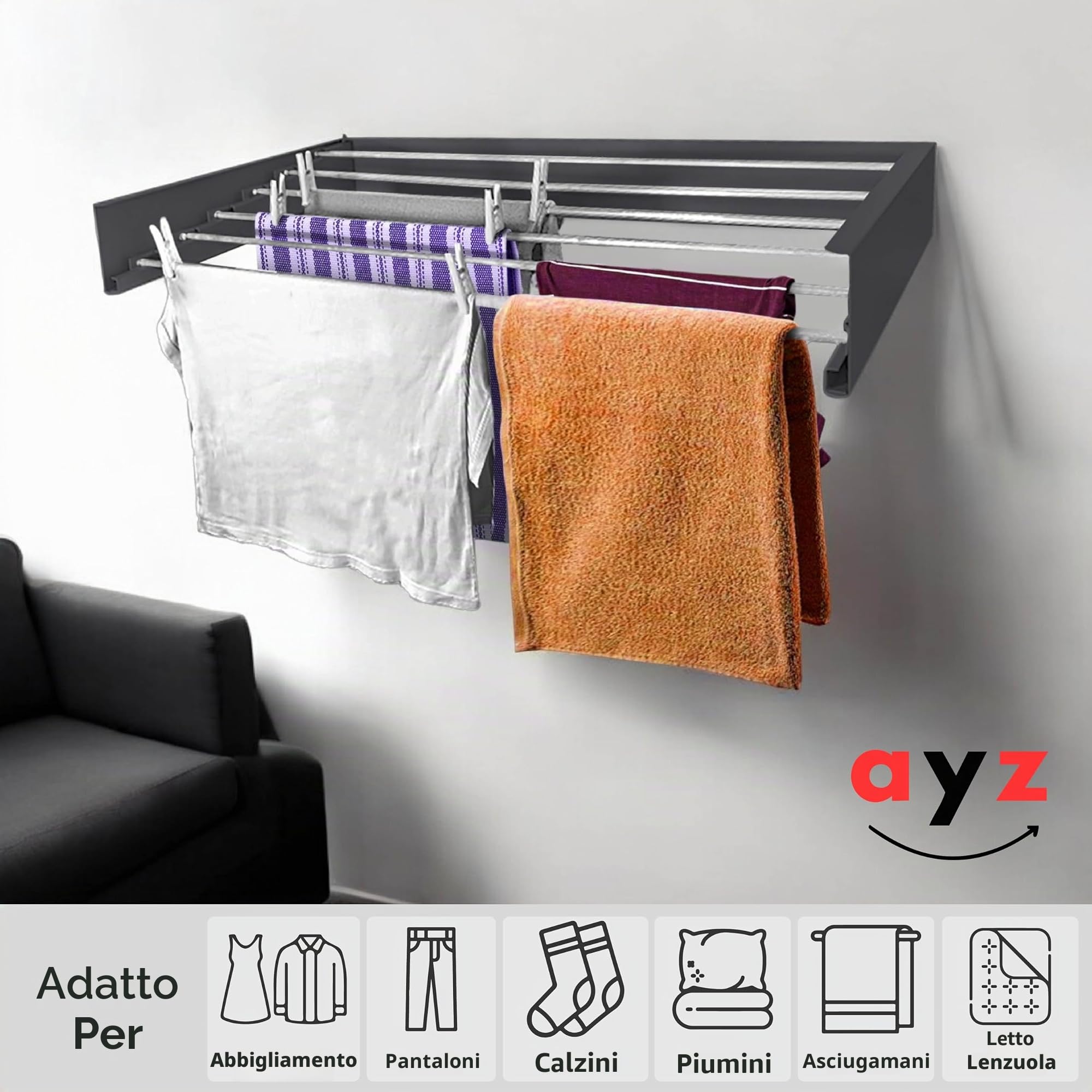 AYZ Stendibiancheria da parete, asta appendiabiti, capacità 35 kg, facile da installare in interni ed esterni