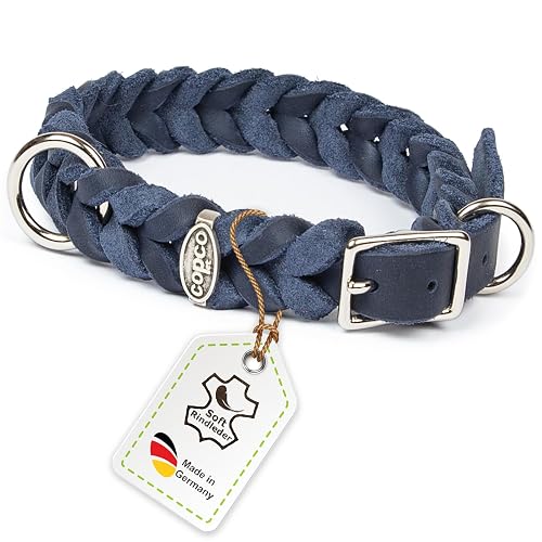 CopcoPet Collar para perro de piel engrasada, 35 - 39 cm x 20 mm, color azul marino - Collar de cuero trenzado
