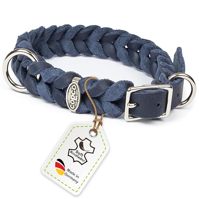 CopcoPet Collar para perro de piel engrasada, 40 - 44 cm x 20 mm, color azul marino - Collar de cuero trenzado