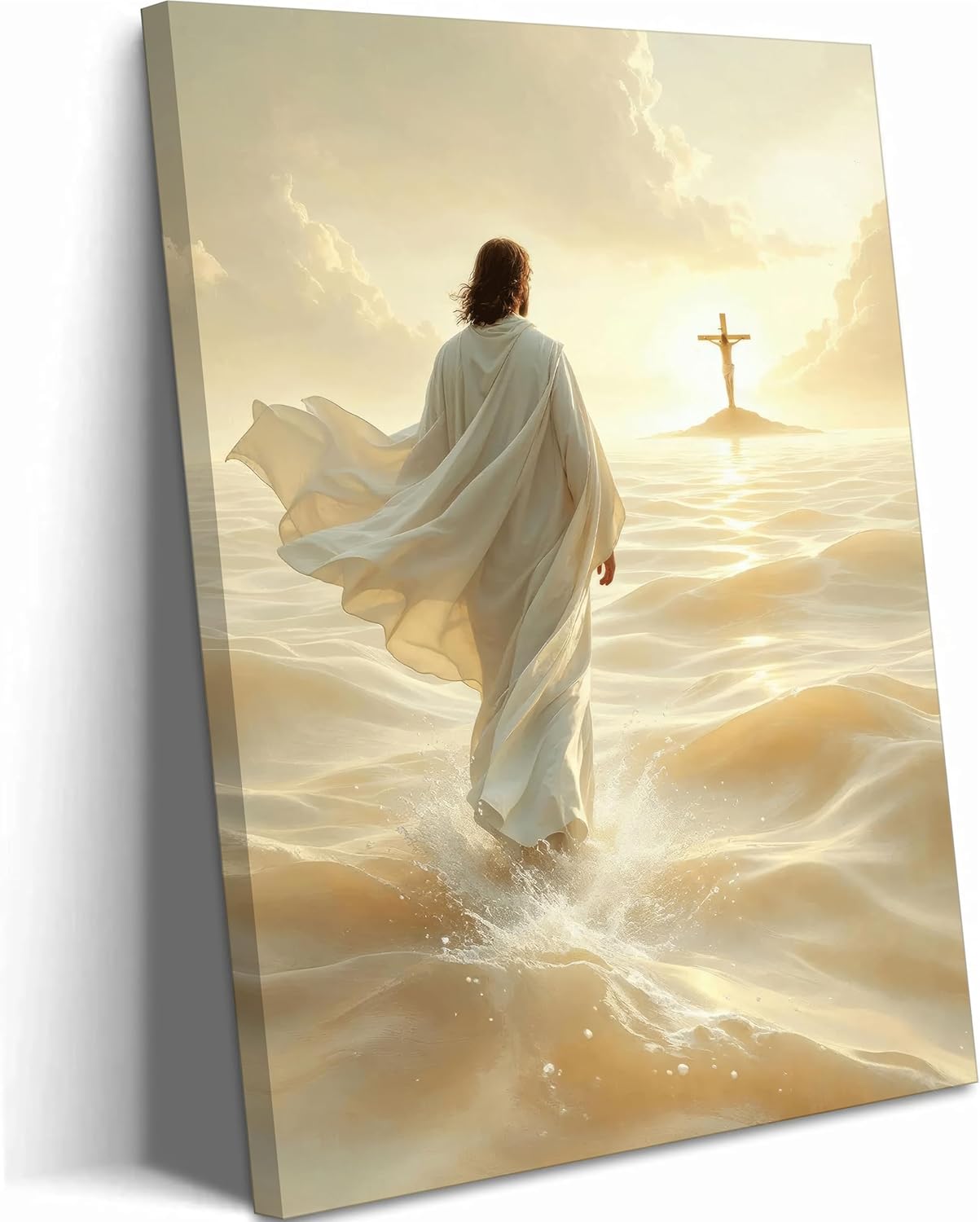 OGVXCJ A Jesus Walking On Water Canvas Wall Art Religious Ocean Painting Picture Wall Decor Christian Canvas Print Artwork For Living Room Bathroom Bedroom Church Home Decoration Jesus cross 16L" x 12W" canvas