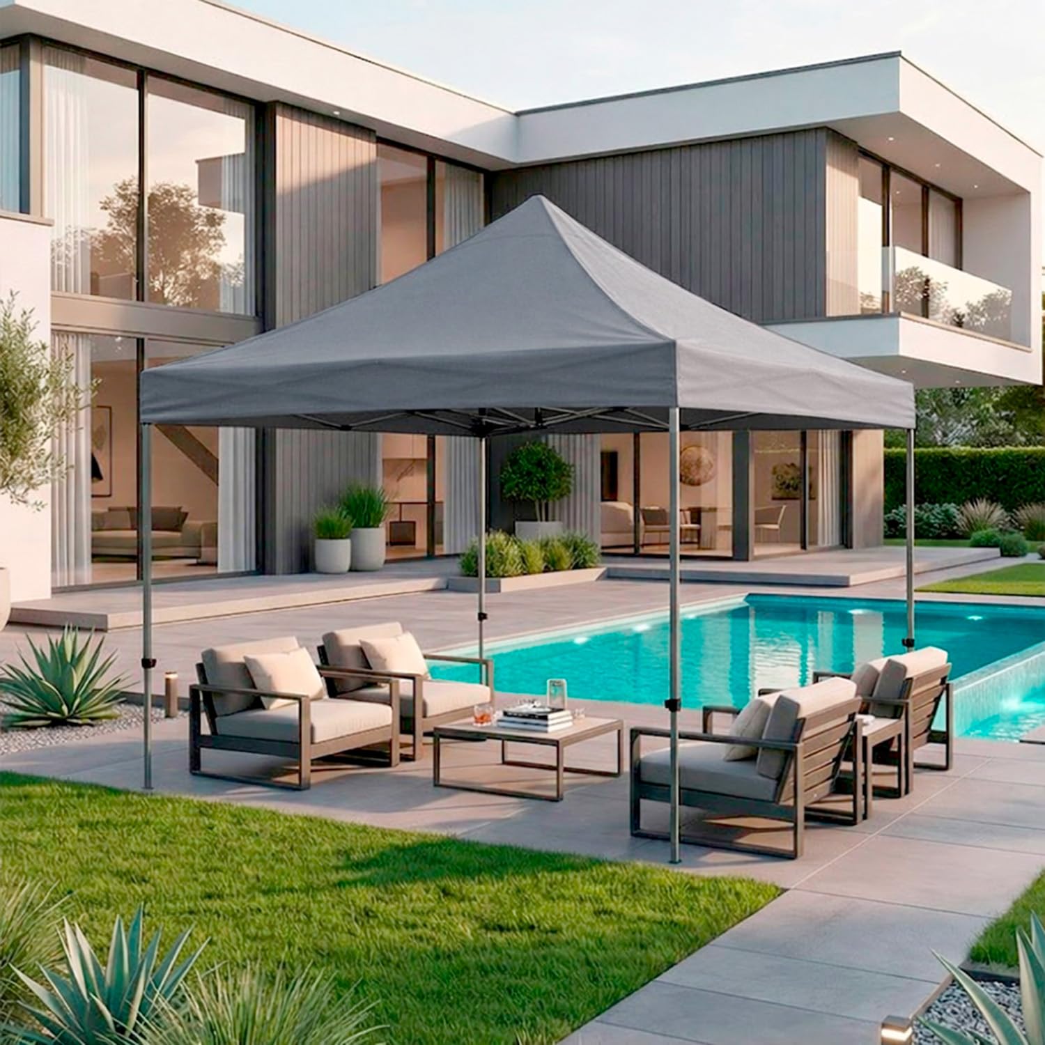 Gazebo Professionale 3x3 M Richiudibile Automatico In Acciaio Con Telo Oxford 1200D PVC Impermeabile e Anti UV Struttura a Fisarmonica con Sacche Zavorra e Borsa Trasporto Sagre Feste Eventi (Grigio)