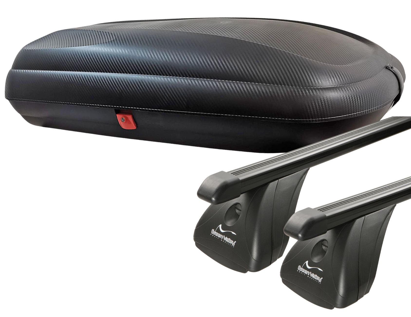 VDP Set Baraure Per Tetto: Box 320L Effetto Carbonio + Barre Alluminio 120cm Per Jaguar X-Type Station Wagon (dal 2004)