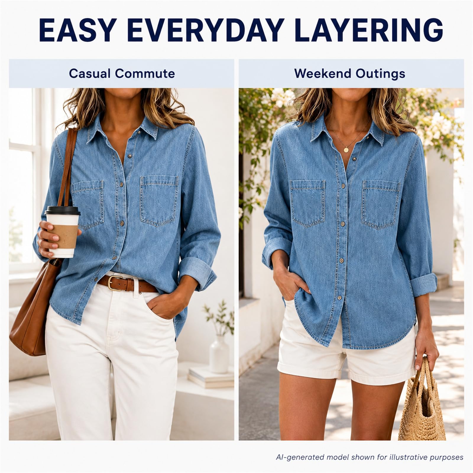 Camicia in jeans da donna, oversize, a maniche lunghe, con bottoni, con due tasche sul petto | Morbido denim con vestibilità oversize, abbottonatura continua e due tasche sul petto per una comoda stratificazione