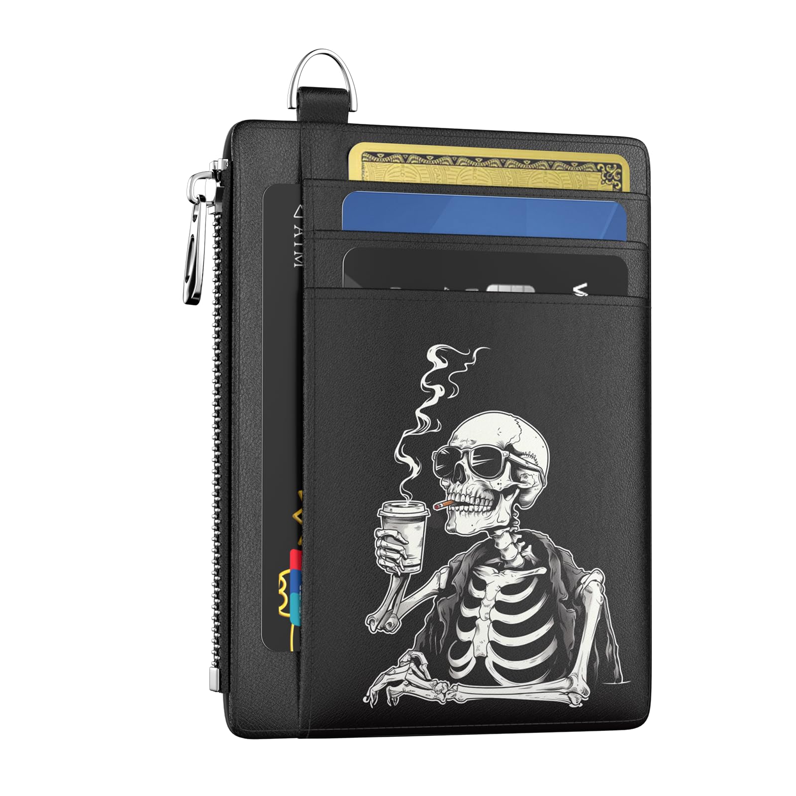 Hancynir Slim Wallet Women Credit Card Holder Coffee Skull Skeleton RFID Small Mini Card Case Front Pocket PU Leather Thin Travel Zipper Coin Cash ID Window Ladies Female Wallet Gifts