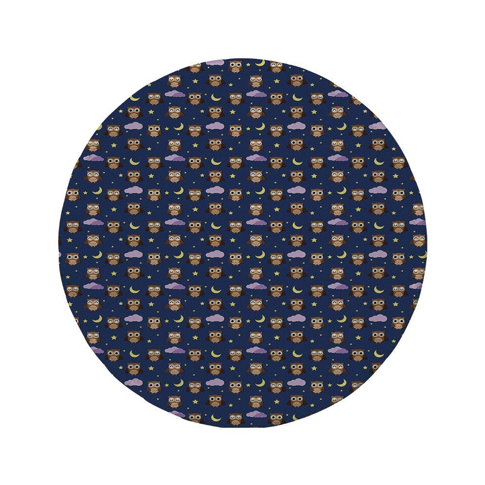 Non-Slip Rubber Round Mouse Pad,Owls,Cartoon Birds at Night Sky Elements Stars and Crescent Moons Purple Clouds Bedtime Decorative,Multicolor,7.9"x7.9"x3MM