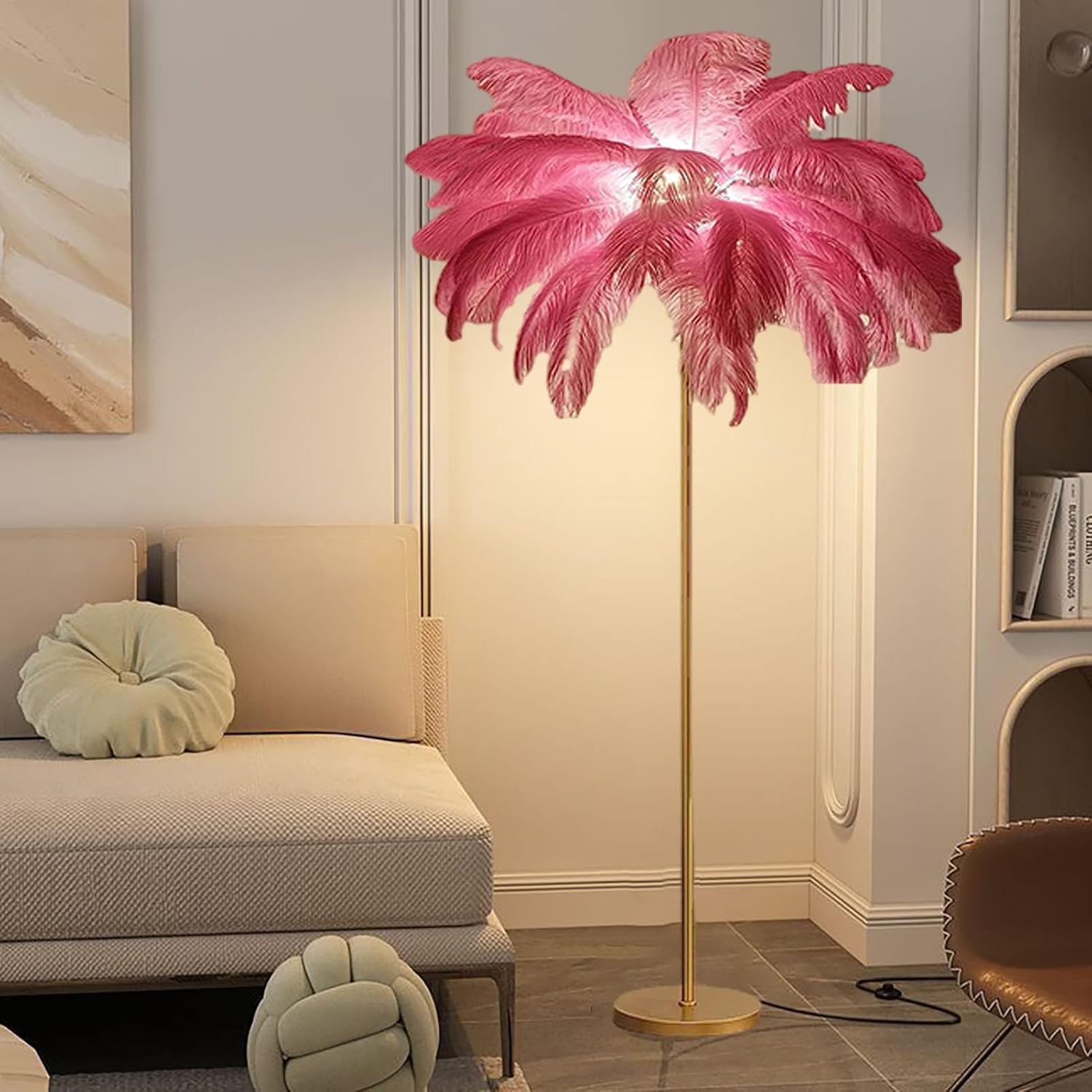 Feather Floor Lamp for Living Room, 63" Natural Ostrich Feather Standing Lamp with Foot Switch, Dimmable (Purple)