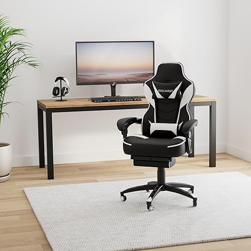 Miniatura 2 de Silla de juegos con masaje para adultos, ergonómica, estilo carreras, respaldo alto, silla de computadora con reposapiés y soporte lumbar, piel