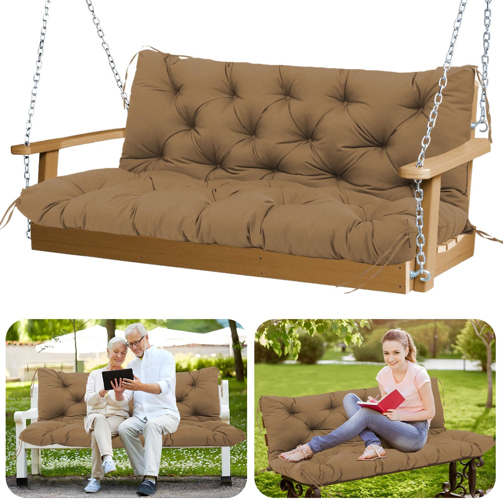 GZXAGZJ Waterproof Outdoor Swing Cushions 2-3 Seater Replacement Thicken 5" Porch Swing Cushions 48 inch Bench Swing Cushion with Backres and Ties for