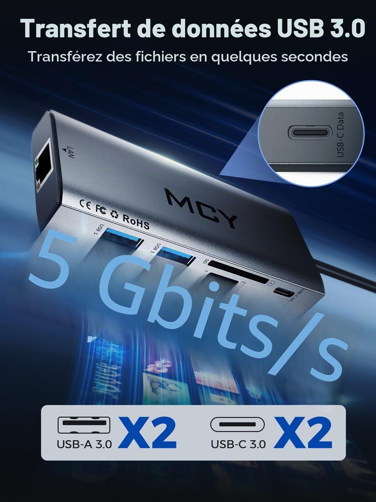 MCY Station d'accueil 2 moniteurs avec 2 HDMI, hub USB C 10 en 1 avec Double 4K @ 60 Hz, 8K Unique @ 30 Hz, Gigabit Ethernet, 100 W PD, 4 Ports de données USB 5 Gbit/s, SD/TF, Station d'accueil USB-C