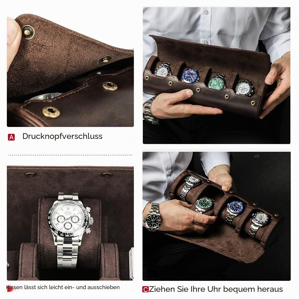 Uhrenrollenetui Handgefertigte Uhrenrolle, Uhrenkoffer Uhrenbox aus Echtem Leder für 4 Uhren Reiseetui, Watch Box Organizer Uhrenetui, Braun