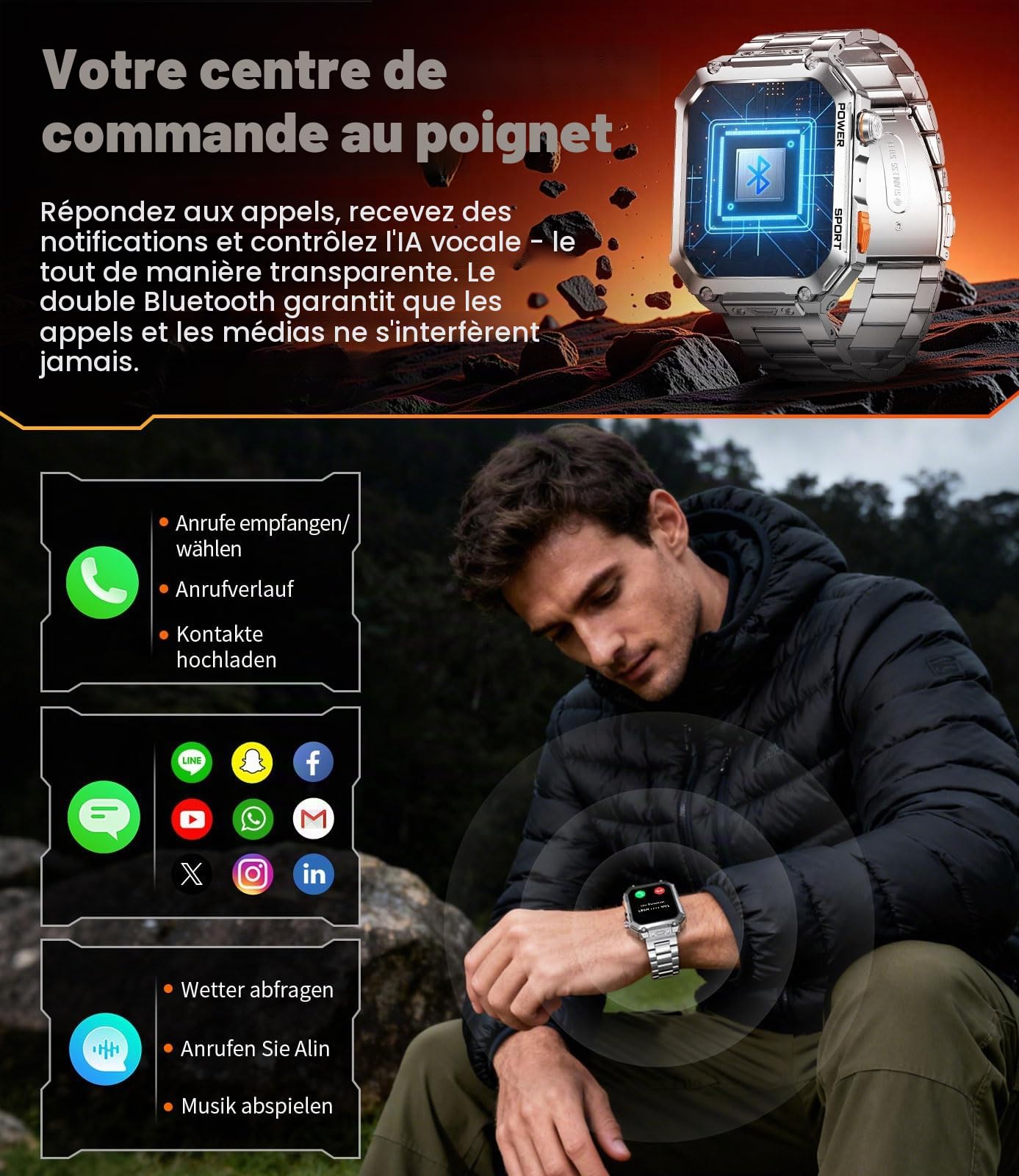 ESFOE Montre Connectée Homme Militaire,1,96" Smartwatch Homme avec Appel Bluetooth |3 Bracelets | 100+ Modes Sportifs|400mAh 5ATM Étanche|Fréquence Cardiaque Podomètre Fitness Tracker Argent Métallisé