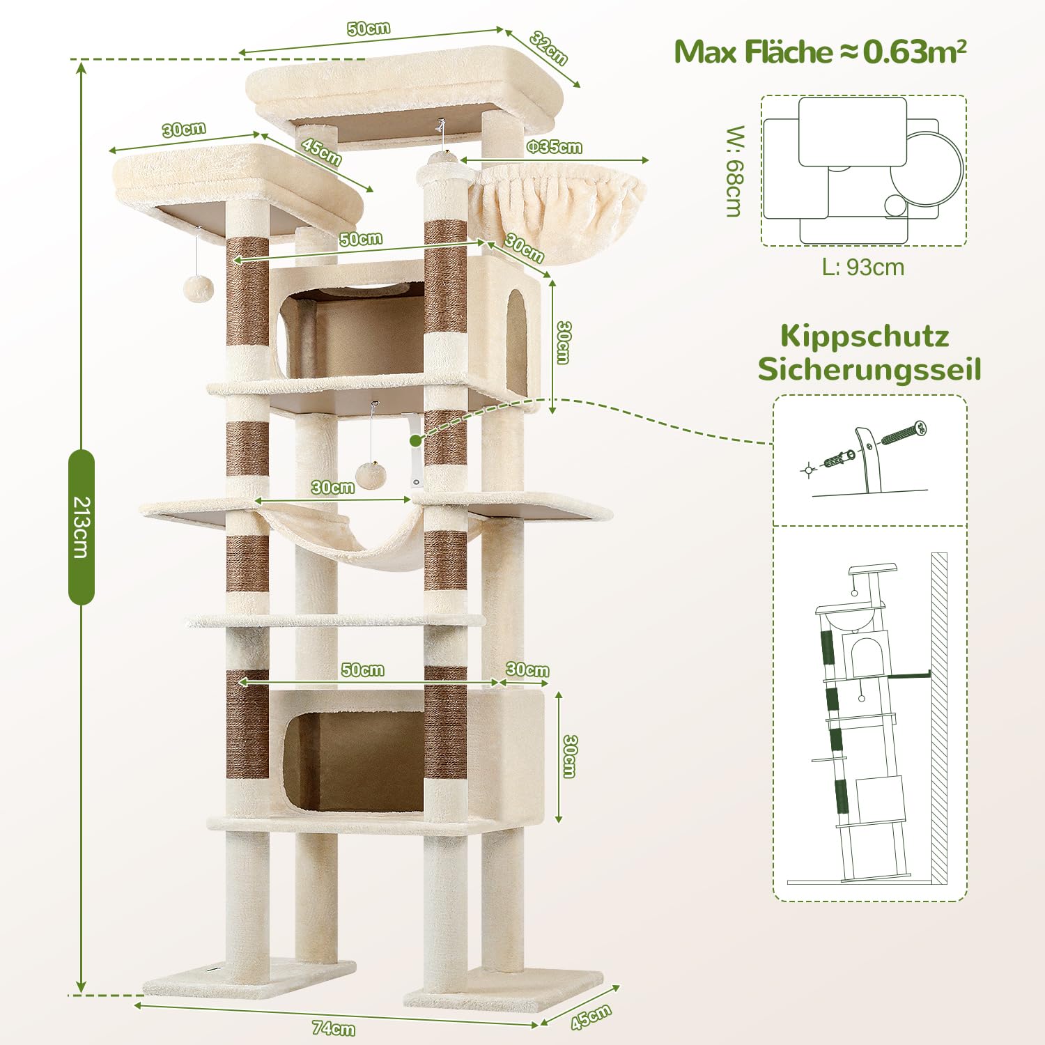 Globlazer F83B Kratzbaum XXL Beige 213 cm für Groß Katzen Katzenbaum Stabil | Extra großer, Über 2 Meter katzenbaum mit 2 Große Katzenhaus, Plattforms, Hängematte, für 3-5 mehrere große Katzen Maine Coon