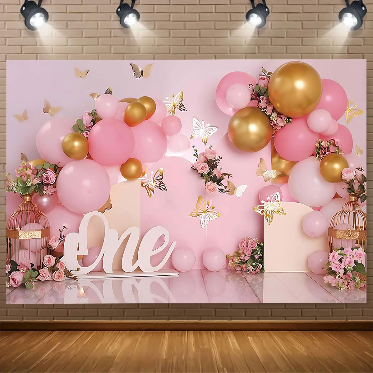 First One Birthday Party Photography Background Pink Balloons Gold Butterfly 1st Birthday Children Birthday Party Decorations Newborn Baby Shower Cake