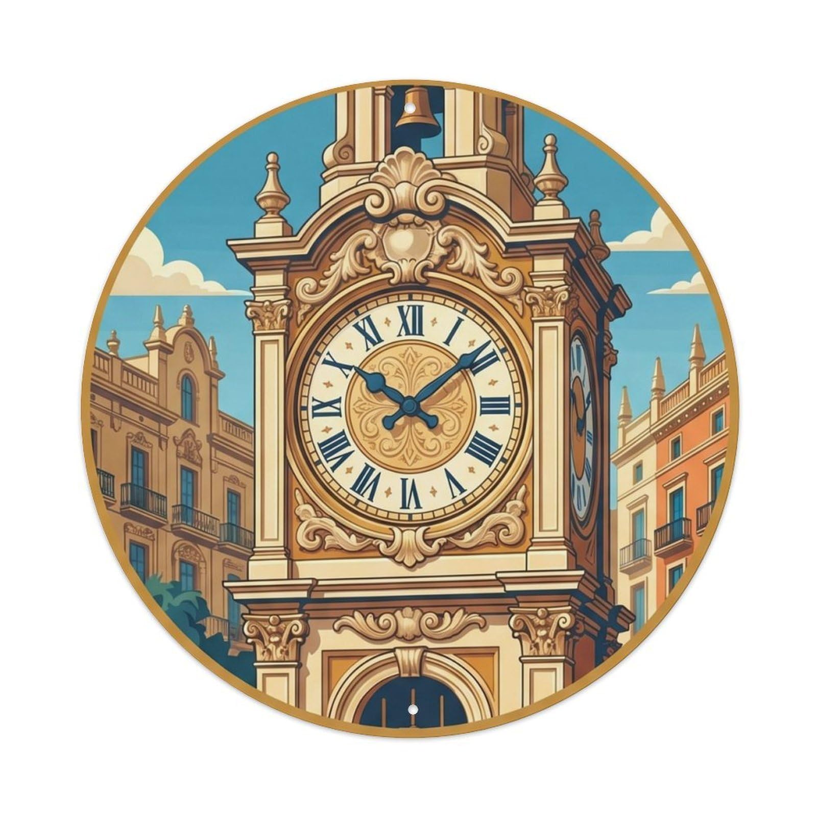 Barcelona Spanish Landmark Tower Clock City Europe Classic Metal Tin Sign Plaque Wall Decor for Cafe, Man Cave, Club Bar, Office, Home Garden Round Metal Poster 8x8Inch