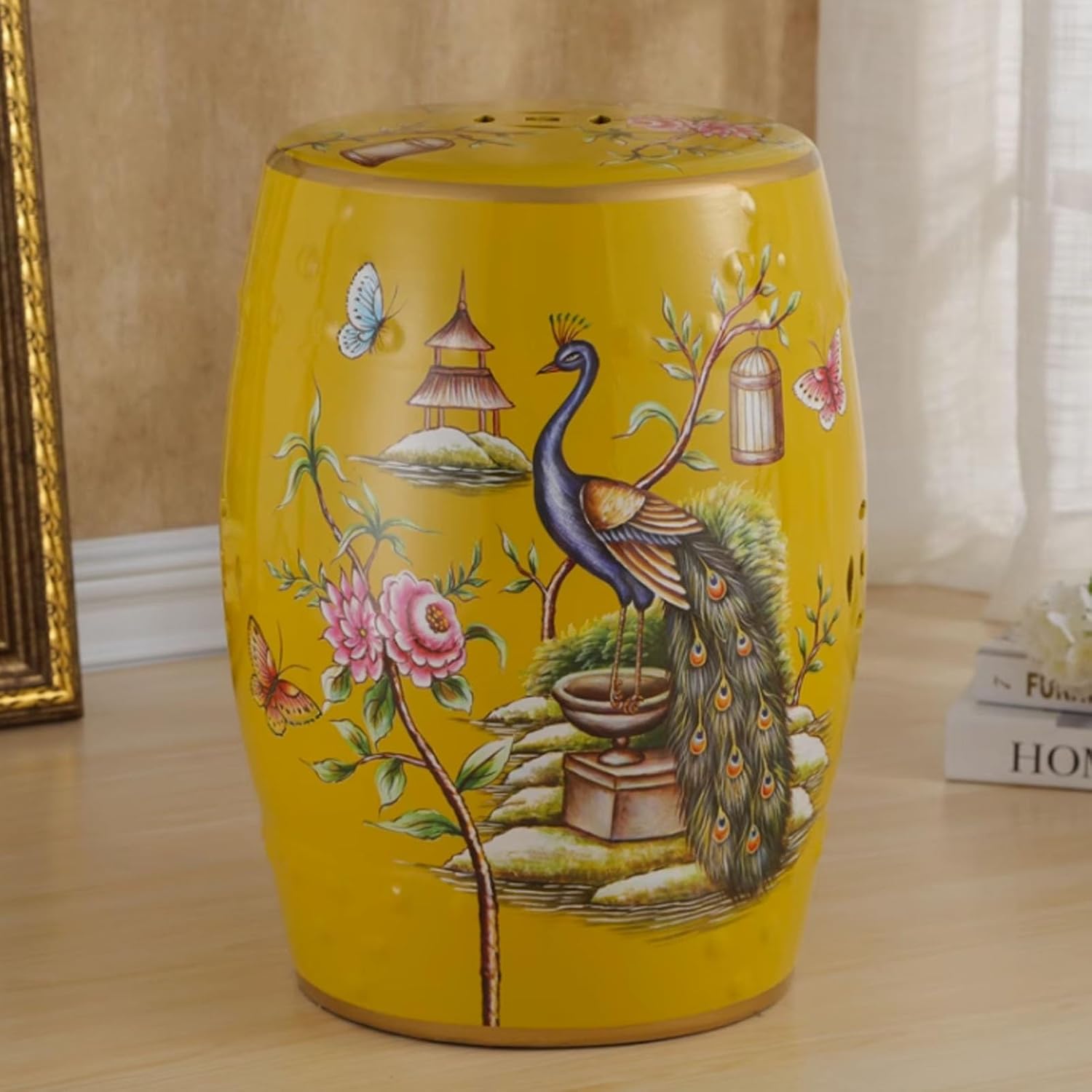 Decorative Garden Stool, Ceramic Garden Stool, Retro Ceramic Drum Stool, Chinese Style Garden Stool, Flower and Bird Decorative Garden Stool, for Terrace, Patio, Cottage(Yellow)