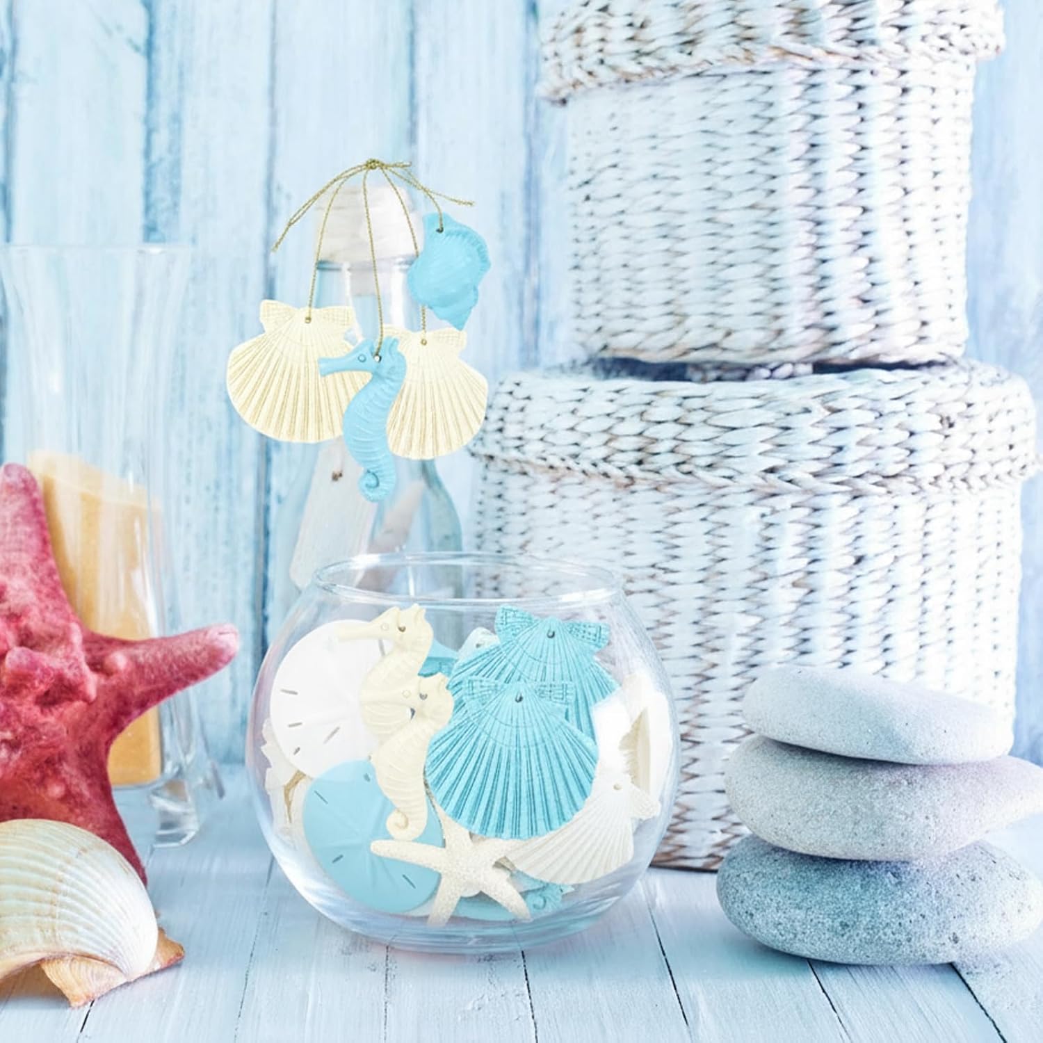 30 Pieces Resin Starfish Seahorse Sanddollar Conch & Seashells Set with Rope for Christmas Tree Hanging Ornaments Beach Theme Wedding Home Decor & DIY Crafts (White) - Image 3