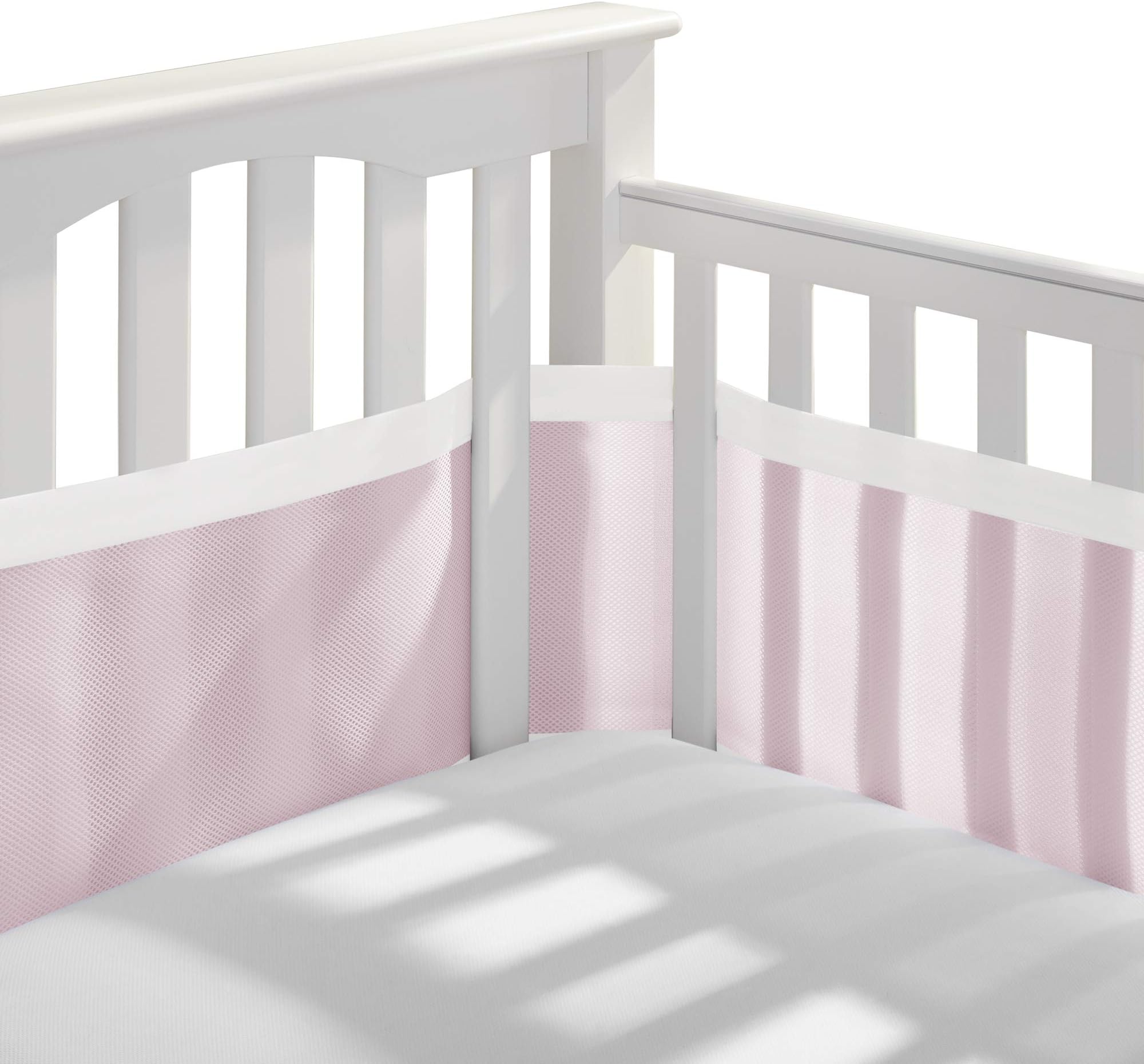 BreathableBaby–Breathable Mesh Crib Liner–Deluxe Muslin Collection–Pink– Fits Full-Size Four-Sided Slatted and Solid Back Cribs–Anti-Bumper