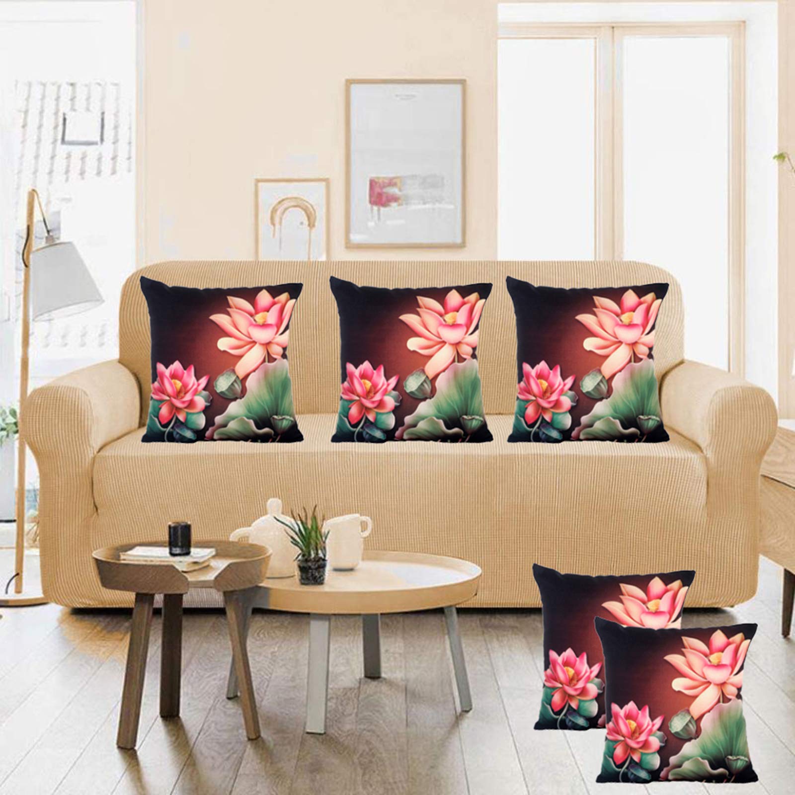 Kuber Industries Flower Design 5 Pieces Cotton Cushion Cover - 16"x16"(Brown)