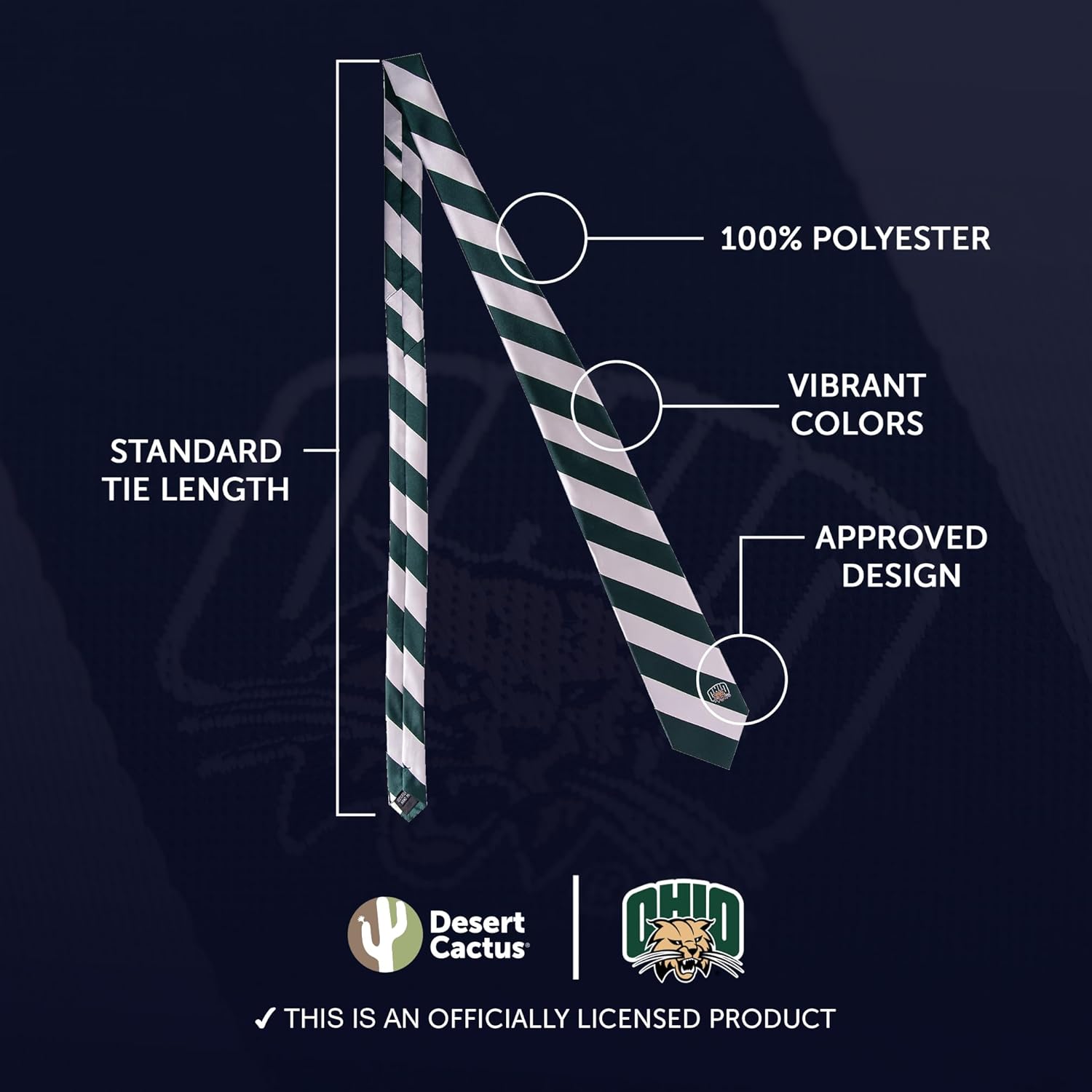 Desert Cactus Ohio University Neck Tie OU Bobcats 100% Polyester Necktie with Logo, Officially Licensed - Image 3