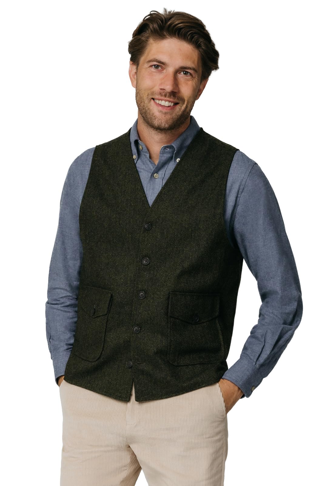 Dobell Men's Green Herringbone Tweed Waistcoat Regular Fit Patch Pockets-L (42-44In)