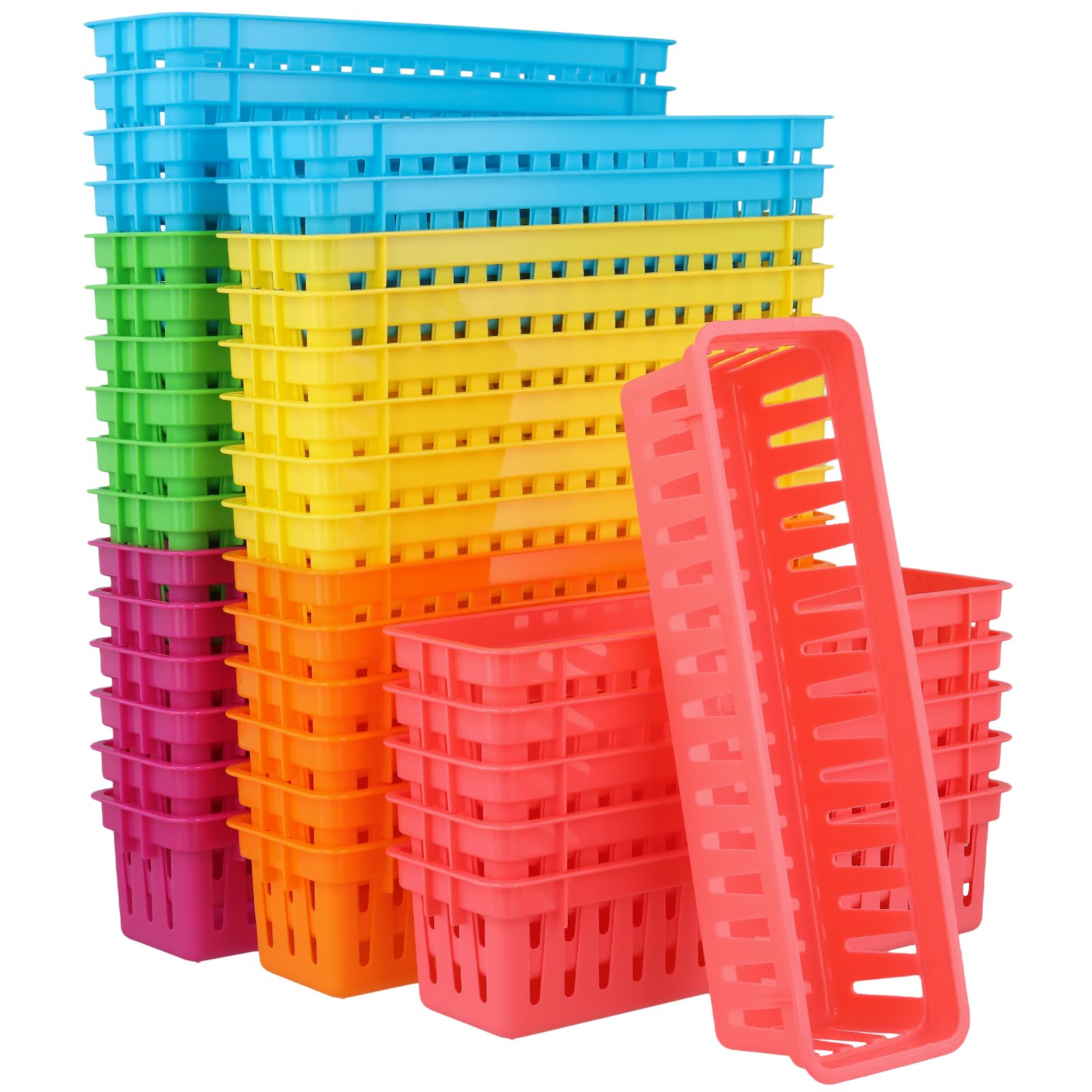 HONYUET 36 PCS Small Coloured Plastic Organiser Basket, 25.5 x 7.5 x 6 cm Stationery Storage Baskets for Paper, Desk, Office
