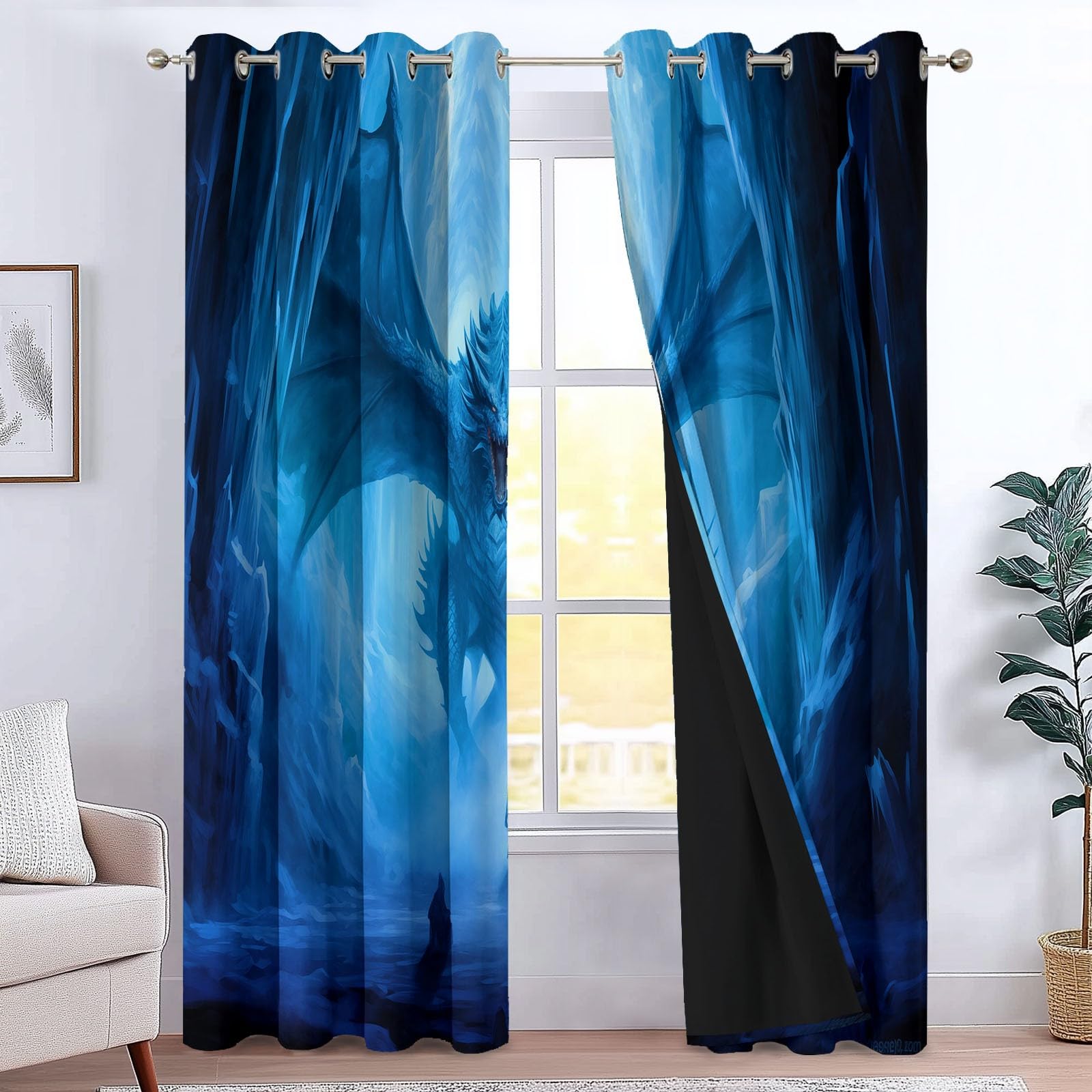 Rideau opaque thermique contre la chaleur et le bruit dragon bleu L140